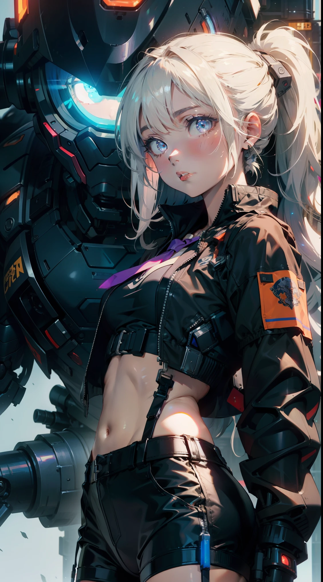 (flat color),(colorful),(masterpiece:1.2), best quality, masterpiece, looking at viewer, white background,
1girl, white hair, slightly curly hair, expressionless, ponytail, side braid,
mecha bodysuit, mecha museum, mechanical parts,robot joints, headgear, cyberpunk, neon_trim, glowing neon lights, blue, purple,
open jacket,black sheer pantyhose, visible through (sheer crop top), shirt,
garter,necktie, navel, gloves,Hand katana,
techwear jacket, with buckle and tape, black gloves, tactical vest,cyberhelmet,cyborg,(helmet)