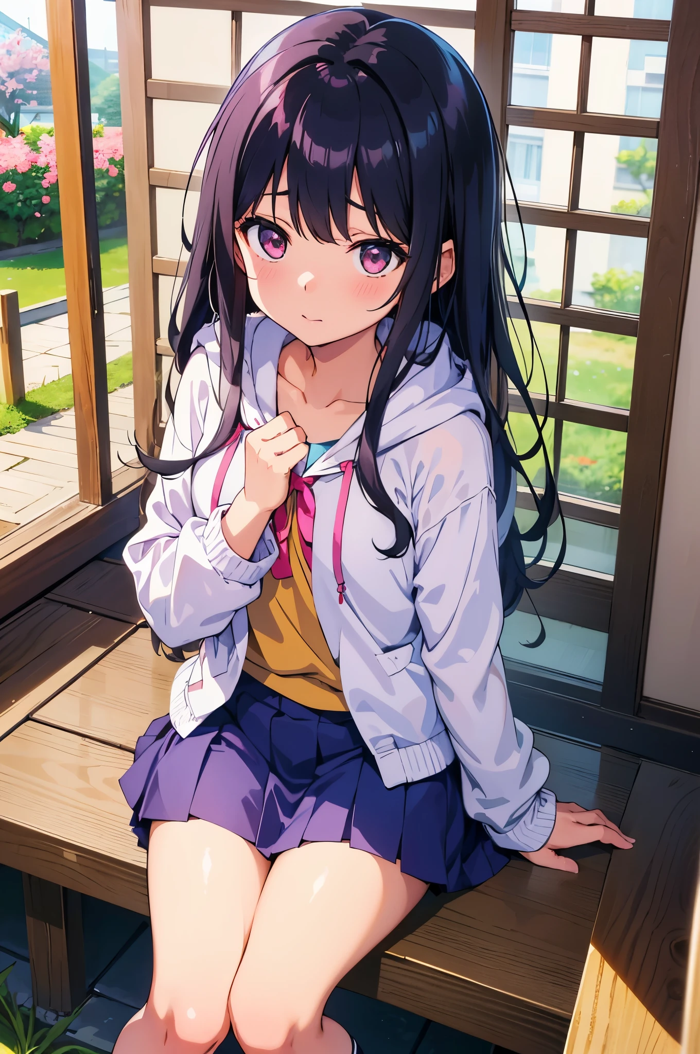countryside Veranda of a Japanese house from the Showa era girl 8-year-old flat chelack r long hair eyes are purple ((1 person)) Hooded hoodie with upper body pink Lower body navy blue mini skirt white panties white socks Wearing sandals Bright sunlight sitting on the veranda ((足が開いてwhite pantiesが見える)) dynamic angle Low - Angle