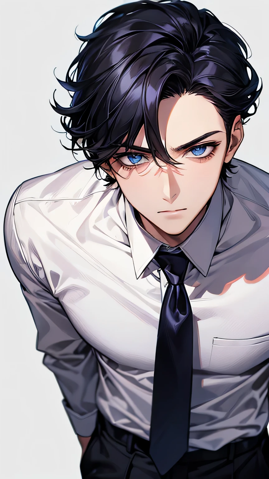 male, face focus, [[[adult]]], suit, Jacket, white shirt, tie, pants, frontage, highest quality, adopt, detailed face, simple background、white background、[[[black hair]]]、[[[blue eyes]]]、confident look、Upper body