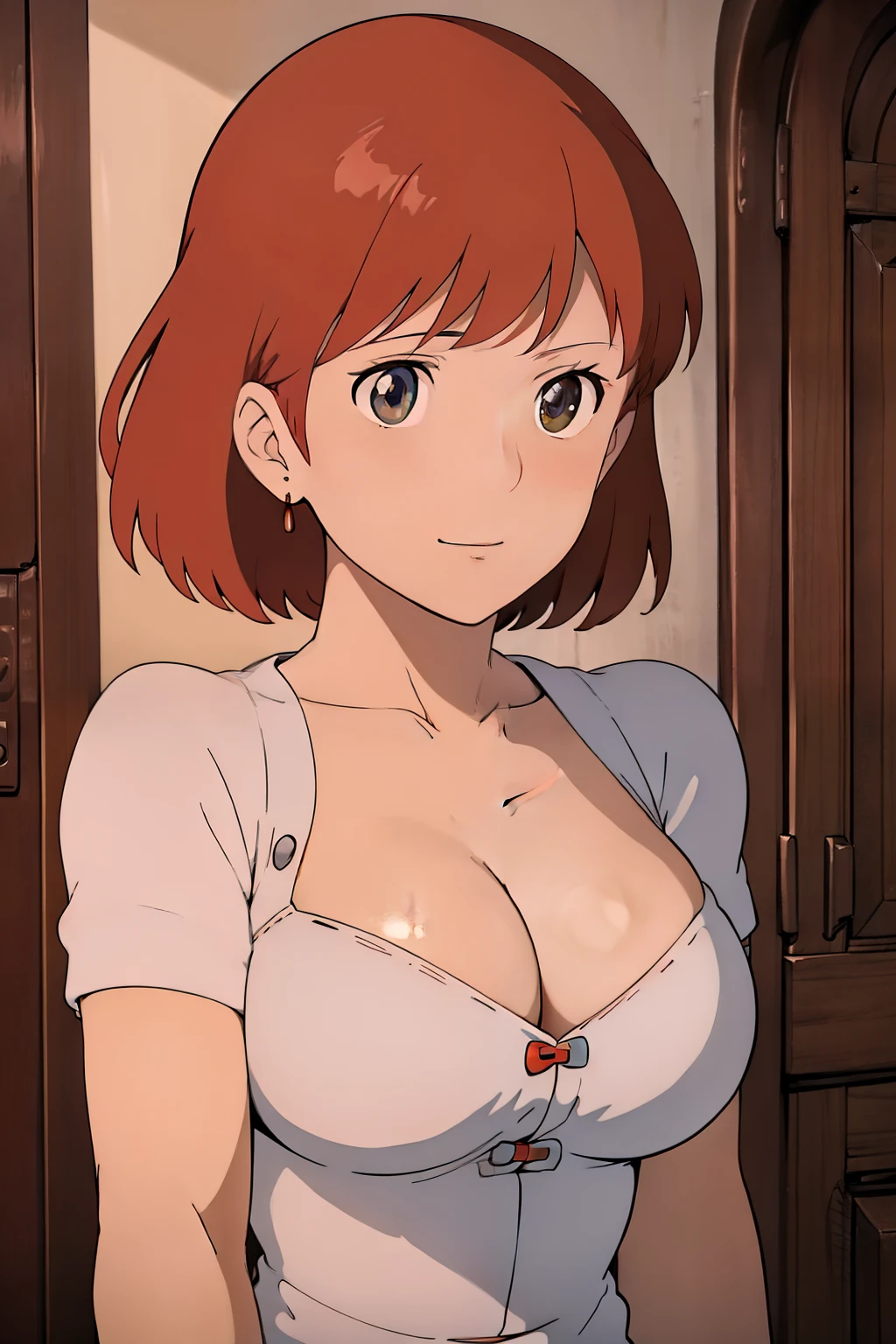 (masterpiece, best quality, high resolution, anime screencap, anime colored, 8k, photorealistic), Nausicaa, women, milf, wife, solo, brown hair, (looking at viewer), huge breasts, cleavage, (white bra), upper body, forest, (perfect detailed anatomy, beautiful detailed face&eyes, shiny skin, perfect body)