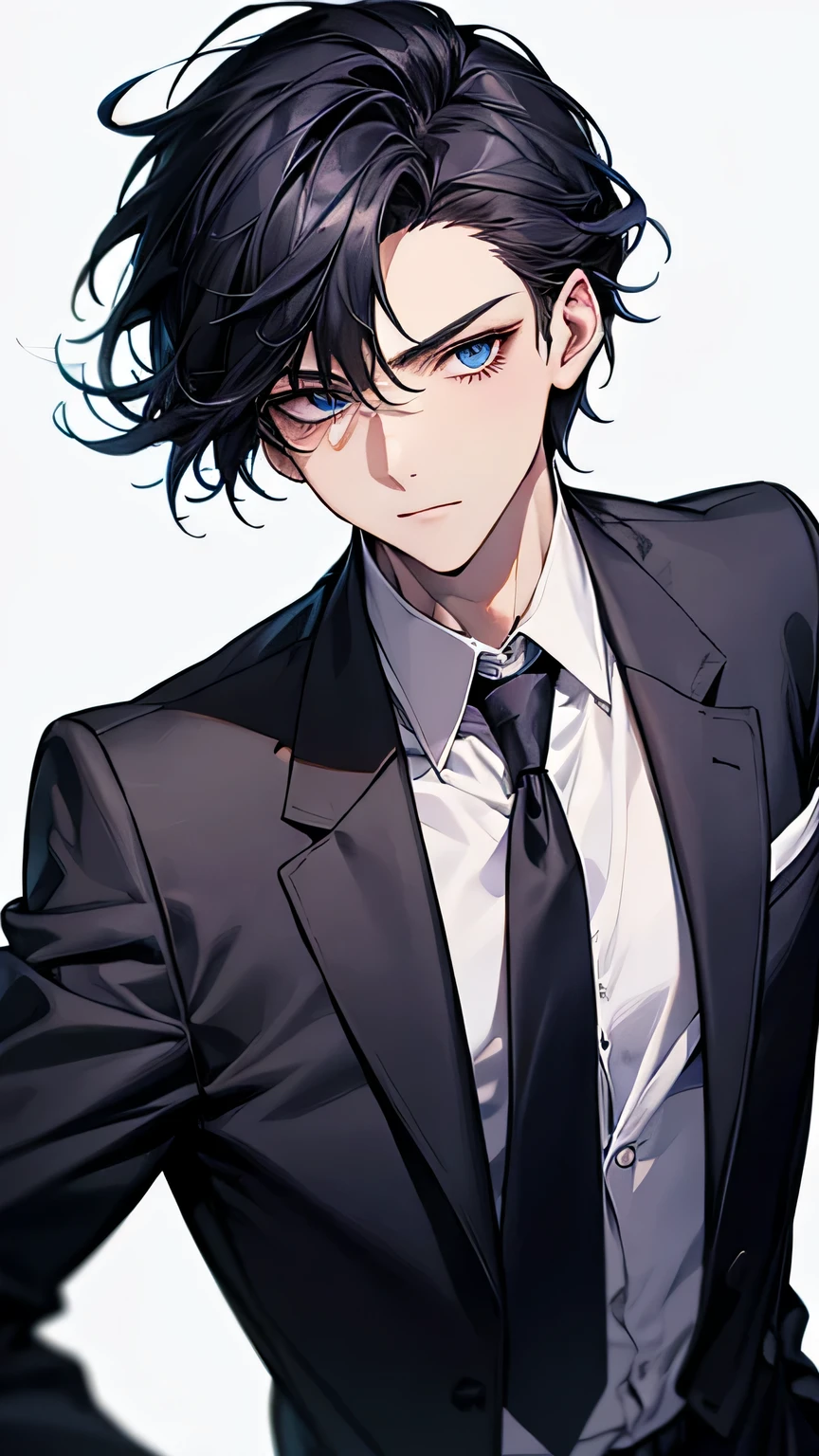 male, face focus, [[[adult]]], suit, Jacket, white shirt, tie, pants, frontage, highest quality, adopt, detailed face, simple background、white background、[[[black hair]]]、[[[blue eyes]]]、confident look、Upper body