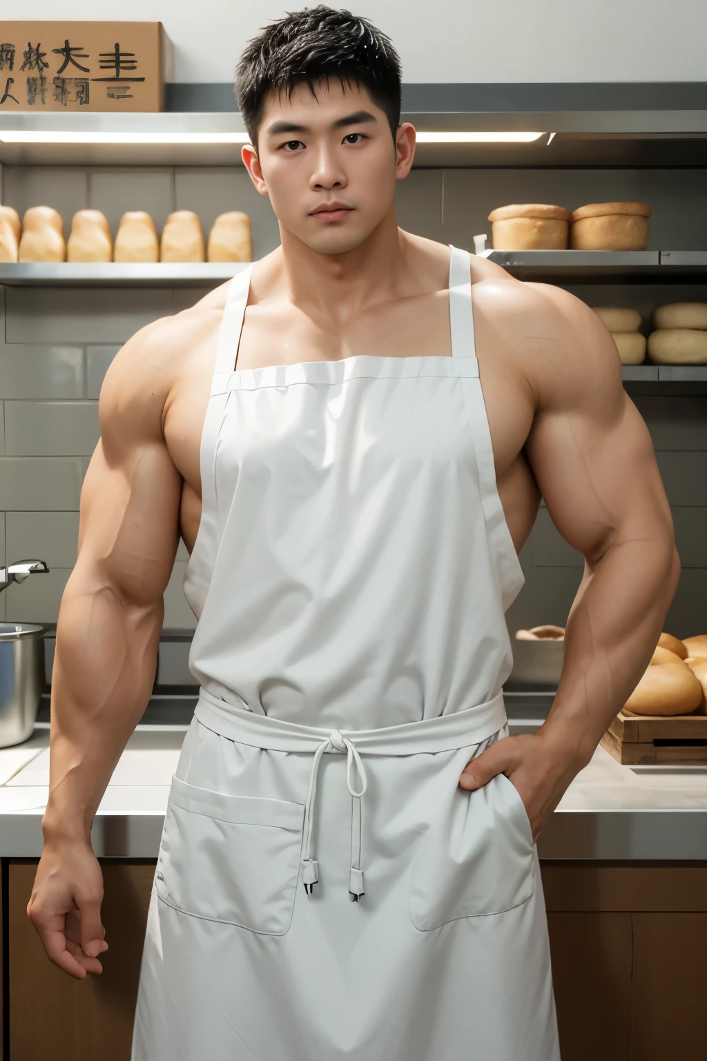 30 years old, big eyes, Chinese male, stubble, white inch, huge muscles, exaggerated muscles, mature man, muscle swelling, bodybuilding, pectoral muscles, abs, in a bakery, plenty of bread, short sleeves, wearing naked apron, baker, natural light, wet, wheat-colored skin, 1man, standing