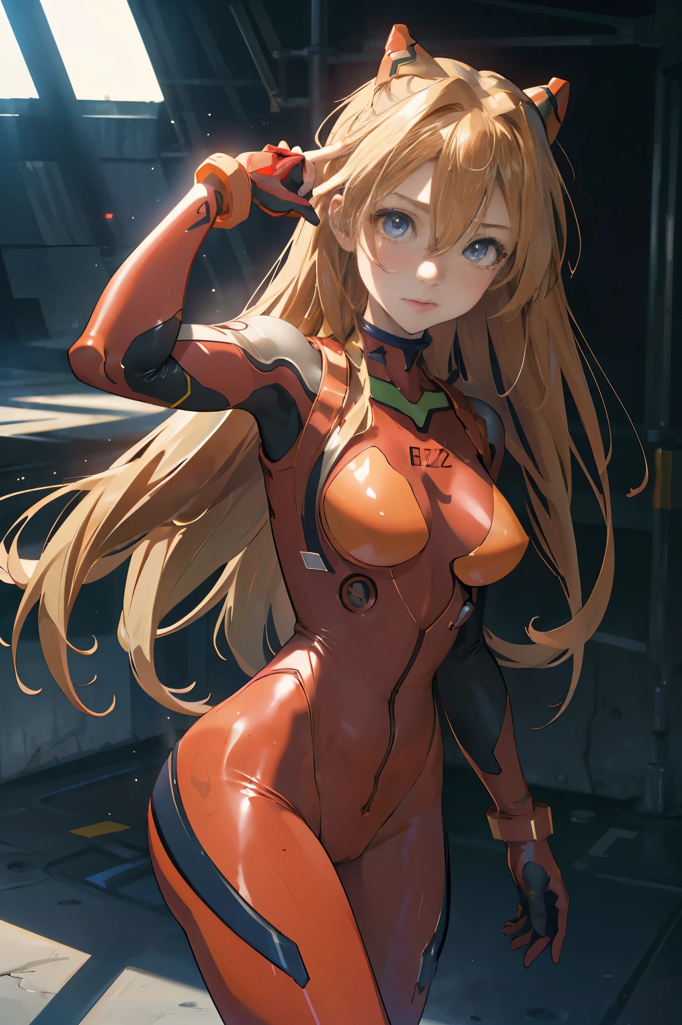 (masterpiece, best quality), 1girl, beautiful face, beautiful body, souryuu_asuka_langley, plugsuit, bodysuit, interface headset, red bodysuit, hair between eyes, pilot suit