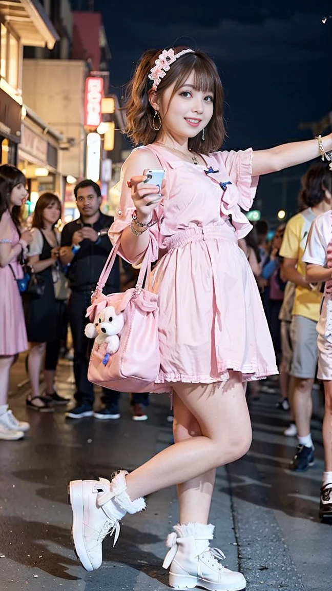 （best image quality、highest quality、highest resolution、masterpiece、be familiar with、real photos）、blonde、look at the camera、Beautiful and cute smile、((full body shot:1.5))、((Low - Angle))、earrings、necklace、ring、piercing in belly button、hair ornaments、Costumes with frills、(Quite small)、(pretty toned body)、((Costume is artist talent Kyary Pamyu Pamyu、That person has the face of an artist and a talent..))、((Take a selfie with your smartphone、pink bag with stuffed animals:1.2))、((The location is downtown at night、in the crowd:1.3))