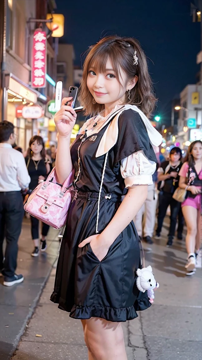 （best image quality、highest quality、highest resolution、masterpiece、be familiar with、real photos）、blonde、look at the camera、Beautiful and cute smile、((full body shot:1.5))、((Low - Angle))、earrings、necklace、ring、piercing in belly button、hair ornaments、Costumes with frills、(Quite small)、(pretty toned body)、((Costume is artist talent Kyary Pamyu Pamyu、That person has the face of an artist and a talent..))、((Take a selfie with your smartphone、pink bag with stuffed animals:1.2))、((The location is downtown at night、in the crowd:1.3))