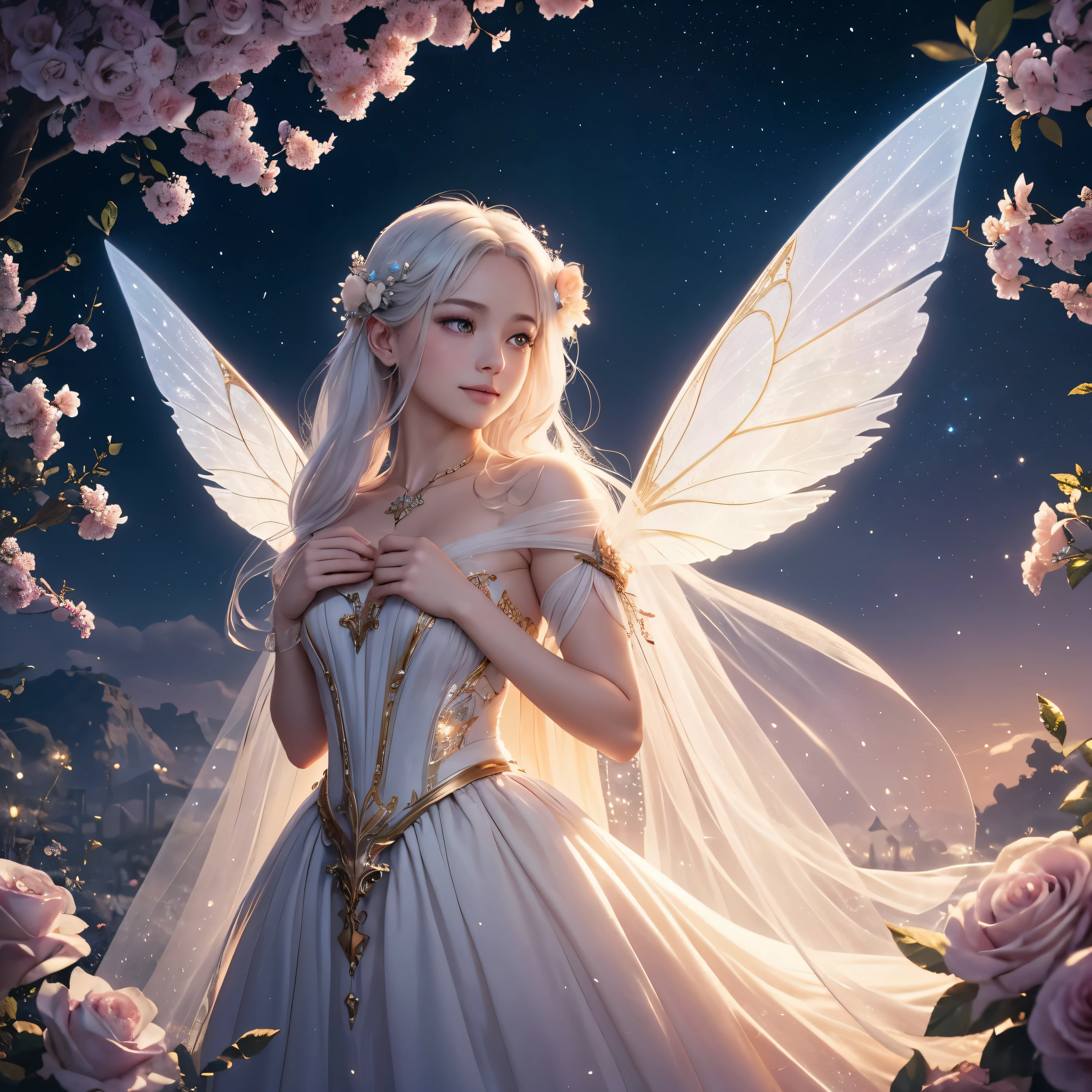 1 moon,Dear beautiful flower fairy, Peach Eye, white hair, clear wings, The wand blows in the wind....、The wand flickered with starlight....,golden wand,Beautiful blue sky and white clouds、girl with transparent wings、Please smile、beautiful garden background、gentle and transparent,anatomy correct, delicate pattern,pink rose space, soft light, ( Bokeh),Masterpiece, very detailed, epic elements, Highest quality, 8ก,Beautiful and romantic fantasy digital art...,Fantastic fairy tale fantasy digital art..,Legendary fantasy,UHD resolution,detailed drawing,In fact,In factมาก,movie light,award winning photos,Various colors,realistic textures, Very realistic,Incredible light