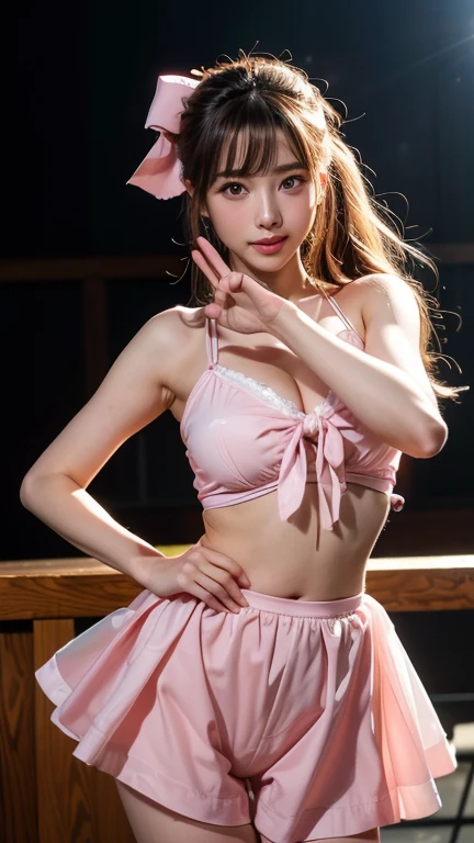 (RAW photo, highest quality), (realistic, Photoreal:1.3),highest quality,very detailed,table top,Super detailed,shape,1 girl,upper_body,dynamic angle,world masterpiece theater,Messy_length_hair,highest quality,very detailed CG Unity 8K 壁紙,pitch black,wonderful,cinematic lighting,lens_flare,very detailed、((Euphoric look))、((:1.2))、((smile:1.15))、((sweating:1.4))、((translucent:1.55、肌に吸い付く襟付きでbodyのシルエットを美しく見せるセーラー服型ボディスーツ.:1.6))、Pink and red、ribbon、Sailor Hut、double ruffle garter、super cute girl、10th generation、Part of an idol group、(((at the concert「ザ☆ピ〜s!」dancing)))、(spread your legs wide), (Pull your hips back), (Arch the upper body), and place your left hand on your hip.、Right hand salutes with a peace sign、hairが動いている、spotlight of、professional lighting、cinematic light、Three-dimensional、viewer&#39;perspective、視聴者のperspective、