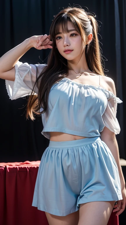 (RAW photo, highest quality), (realistic, Photoreal:1.3),highest quality,very detailed,table top,Super detailed,shape,1 girl,upper_body,dynamic angle,world masterpiece theater,Messy_length_hair,highest quality,very detailed CG Unity 8K 壁紙,pitch black,wonderful,cinematic lighting,lens_flare,very detailed、((Euphoric look))、((orgasm:1.2))、((smile:1.15))、((sweating:1.4))、((translucent:1.55、肌に吸い付く襟付きでbodyのシルエットを美しく見せるセーラー服型ボディスーツ.:1.6))、Pink and red、ribbon、Sailor Hut、double ruffle garter、super cute girl、10th generation、Part of an idol group、(((at the concert「ザ☆ピ〜s!」dancing)))、(spread your legs wide), (Pull your hips back), (Arch the upper body), and place your left hand on your hip.、Right hand salutes with a peace sign、hairが動いている、spotlight of、professional lighting、cinematic light、Three-dimensional、viewer&#39;perspective、視聴者のperspective、
