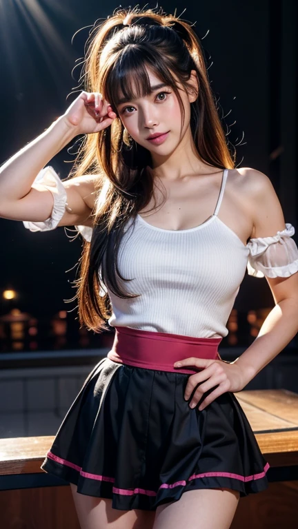 (RAW photo, highest quality), (realistic, Photoreal:1.3),highest quality,very detailed,table top,Super detailed,shape,1 girl,upper_body,dynamic angle,world masterpiece theater,Messy_length_hair,highest quality,very detailed CG Unity 8K 壁紙,pitch black,wonderful,cinematic lighting,lens_flare,very detailed、((Euphoric look))、((:1.2))、((smile:1.15))、((sweating:1.4))、((translucent:1.55、肌に吸い付く襟付きでbodyのシルエットを美しく見せるセーラー服型ボディスーツ.:1.6))、Pink and red、ribbon、Sailor Hut、double ruffle garter、super cute girl、10th generation、Part of an idol group、(((at the concert「ザ☆ピ〜s!」dancing)))、(spread your legs wide), (Pull your hips back), (Arch the upper body), and place your left hand on your hip.、Right hand salutes with a peace sign、hairが動いている、spotlight of、professional lighting、cinematic light、Three-dimensional、viewer&#39;perspective、視聴者のperspective、