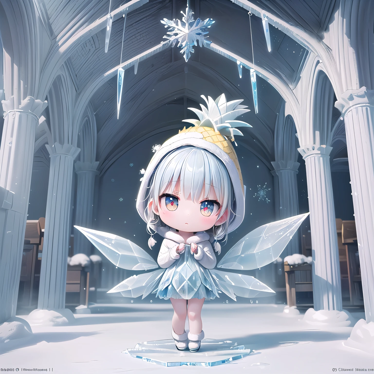 (chibi, pineapple, 3dcg, 1 girl: 1.5), (red cheeks, indifference, Expressionless, hair blowing in the wind, almond shaped eyes, shiny white-blue hair,chignon hair, Carefully drawn fingertips: 1.2), (masterpiece, highest quality, Beautiful anatomy: 1.3), (chibi Body,  hood coat with fur,crystal ,ice craft accessories,full body, fairy queen with beautiful wings,upward gaze: 1.3), (A frozen winter wonderland of sparkling mansions, on-site parks, and icicles,Participate in the quest, Frozen  pineapple,move freely through the air,high ceiling church,: 1.4)