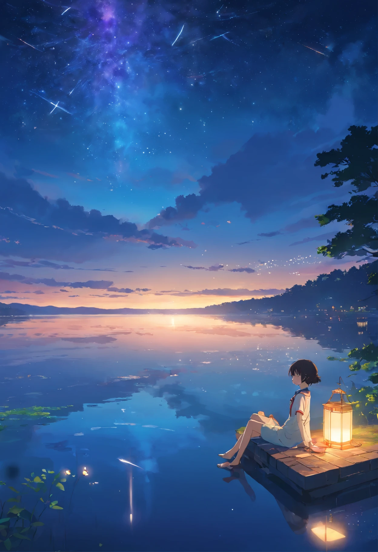 A fantastic lake and a girl sleeping on its surface。The time is night and the sky is full of stars.。Please use light as a graphic。