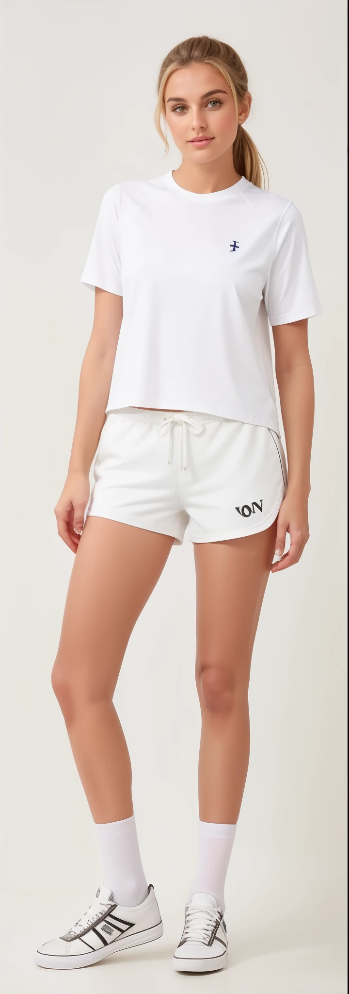 uma mulher de camisa branca e shorts posando para uma foto, In shorts, vestindo shorts e camiseta, shorts esportivos, short pants inchadas feitas de seda, athletic shorts, so short, shorts, very short pants, vestindo uma camisola e shorts, cintura fina, vestindo uma regata e shorts, short pants, short curto, roupas esportivas fofas