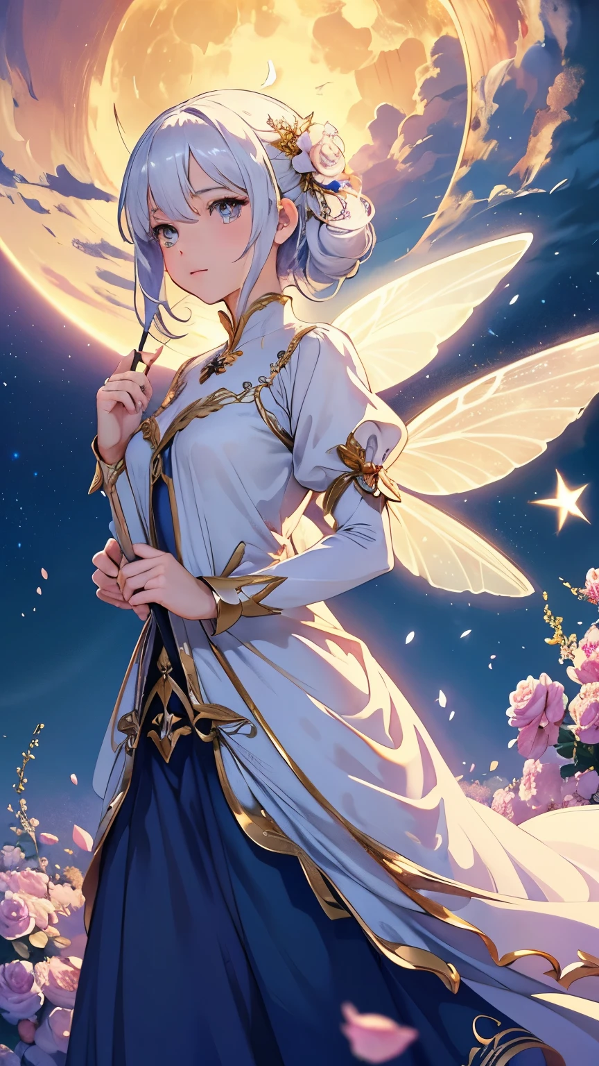 1 moon,Dear beautiful flower fairy, Peach Eye, white hair, clear wings, The wand blows in the wind...、The wand flickered with starlight...,golden wand,Beautiful blue sky and white clouds、girl with transparent wings、Please smile、beautiful garden background、gentle and transparent,anatomy correct, delicate pattern,pink rose space, soft light, ( Bokeh),Masterpiece, very detailed, epic elements, Highest quality, 8ก,Beautiful and romantic fantasy digital art..,Fantastic fairy tale fantasy digital art.,Legendary fantasy,UHD resolution,detailed drawing,in fact,in factมาก,movie light,award winning photos,Various colors,realistic textures, Very realistic,Incredible light