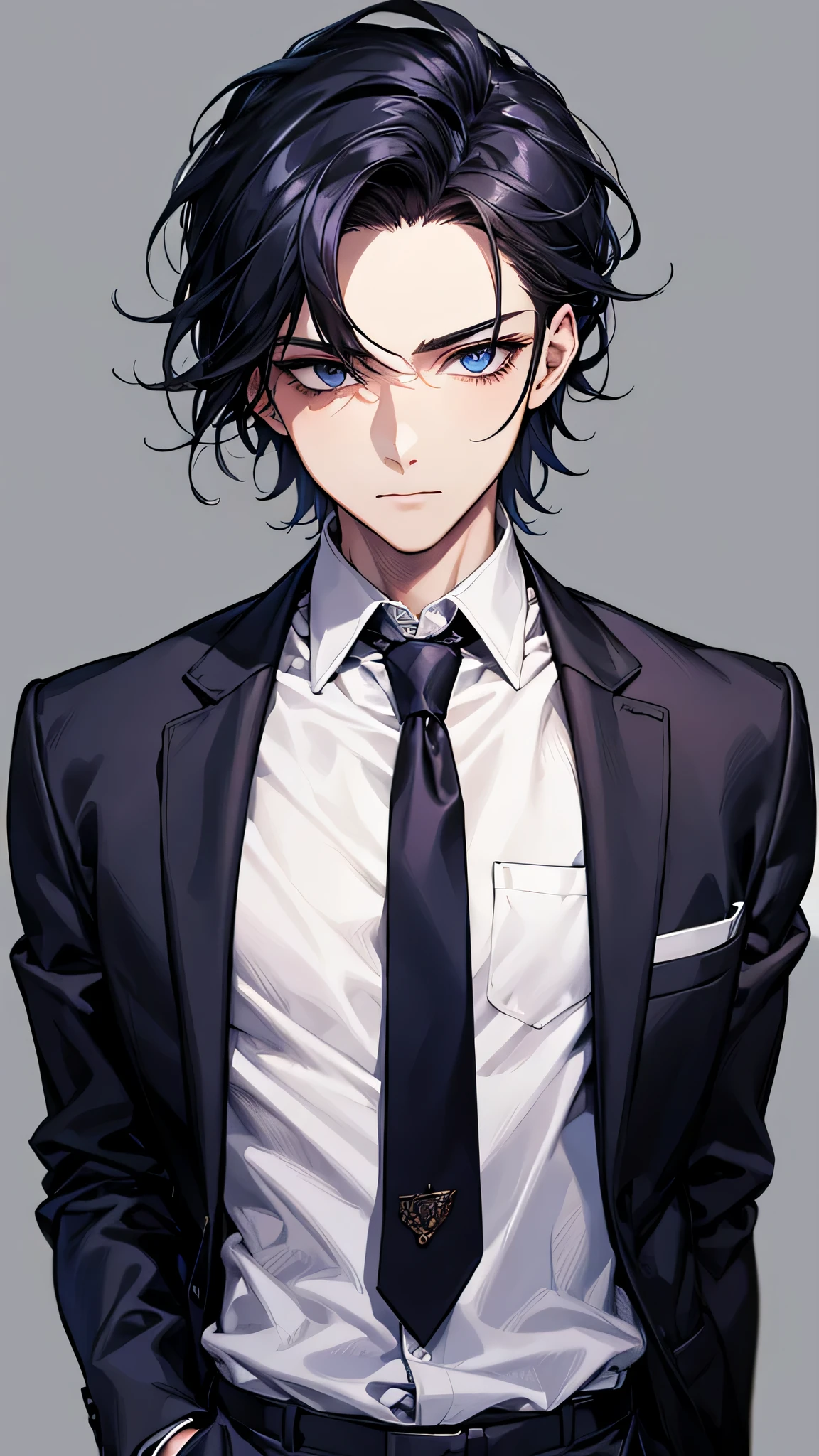 male, face focus, [[[adult]]], suit, Jacket, white shirt, tie, pants, frontage, highest quality, adopt, detailed face, simple background、white background、[[[black hair]]]、[[[blue eyes]]]、confident look、Upper body