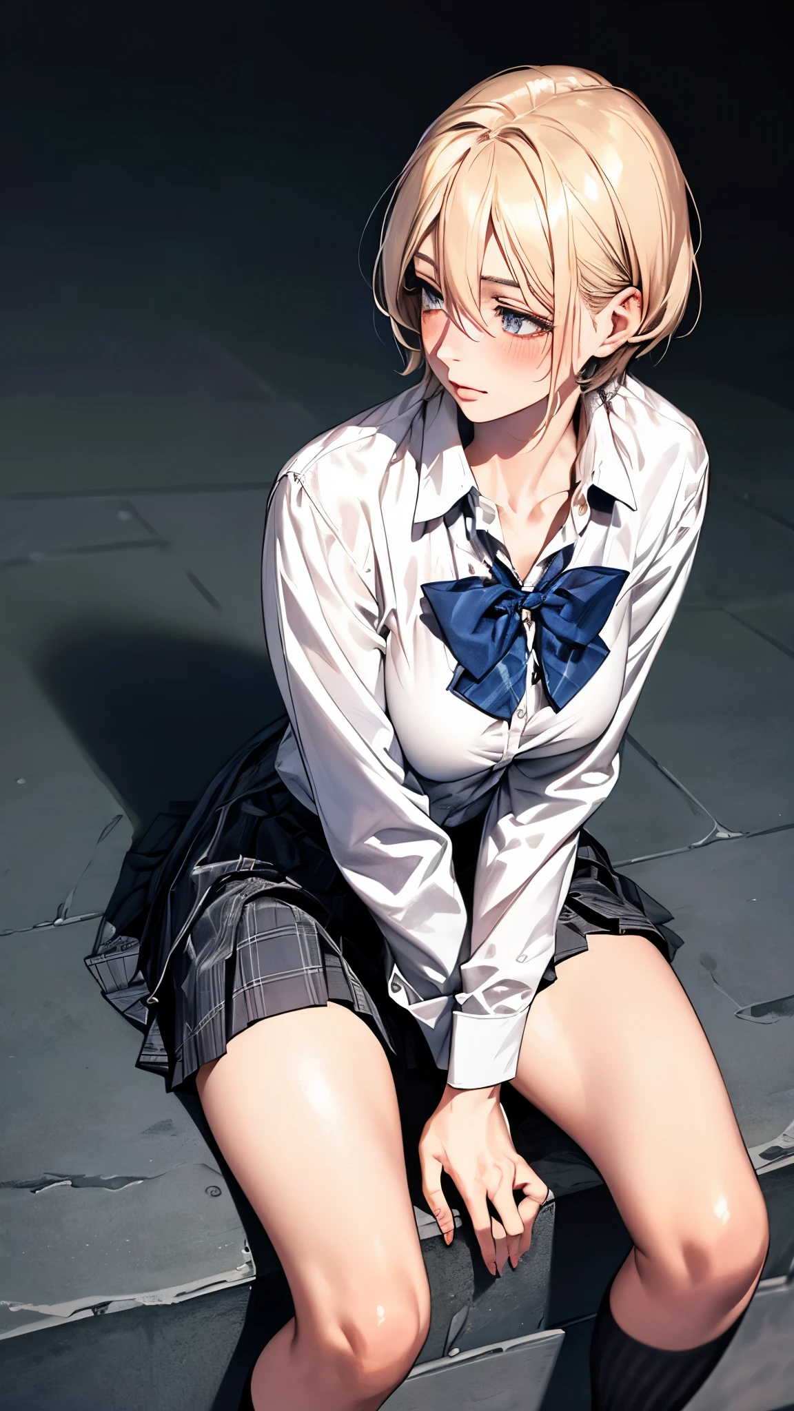 (masterpiece:1.2, highest quality), (realistic, photorealistic:1.4), beautiful illustrations, (profile,whole body, high angle:1.5,From above:1.5)
1 girl, Japanese, high school girl, (blonde very short hair), bangs, hair between eyes, ???????????,
beautiful hair, beautiful face, beautiful and detailed eyes, beautiful clavicle, beautiful body, beautiful ???????, beautiful thighs, beautiful feet, beautiful fingers, 
(Very dark place,very quiet music,very dark contrast,very dark tone,dark atmosphere,Backlight)
((Long sleeve shirt with collar, white shirt, school uniform, Grey plaid pleated skirt, Blue plaid bow tie,))
(sitting, , Grab the hem of the skirt, put your hand on your ?????, hand between legs), 
blush, ,25 years old,Composition to the toes