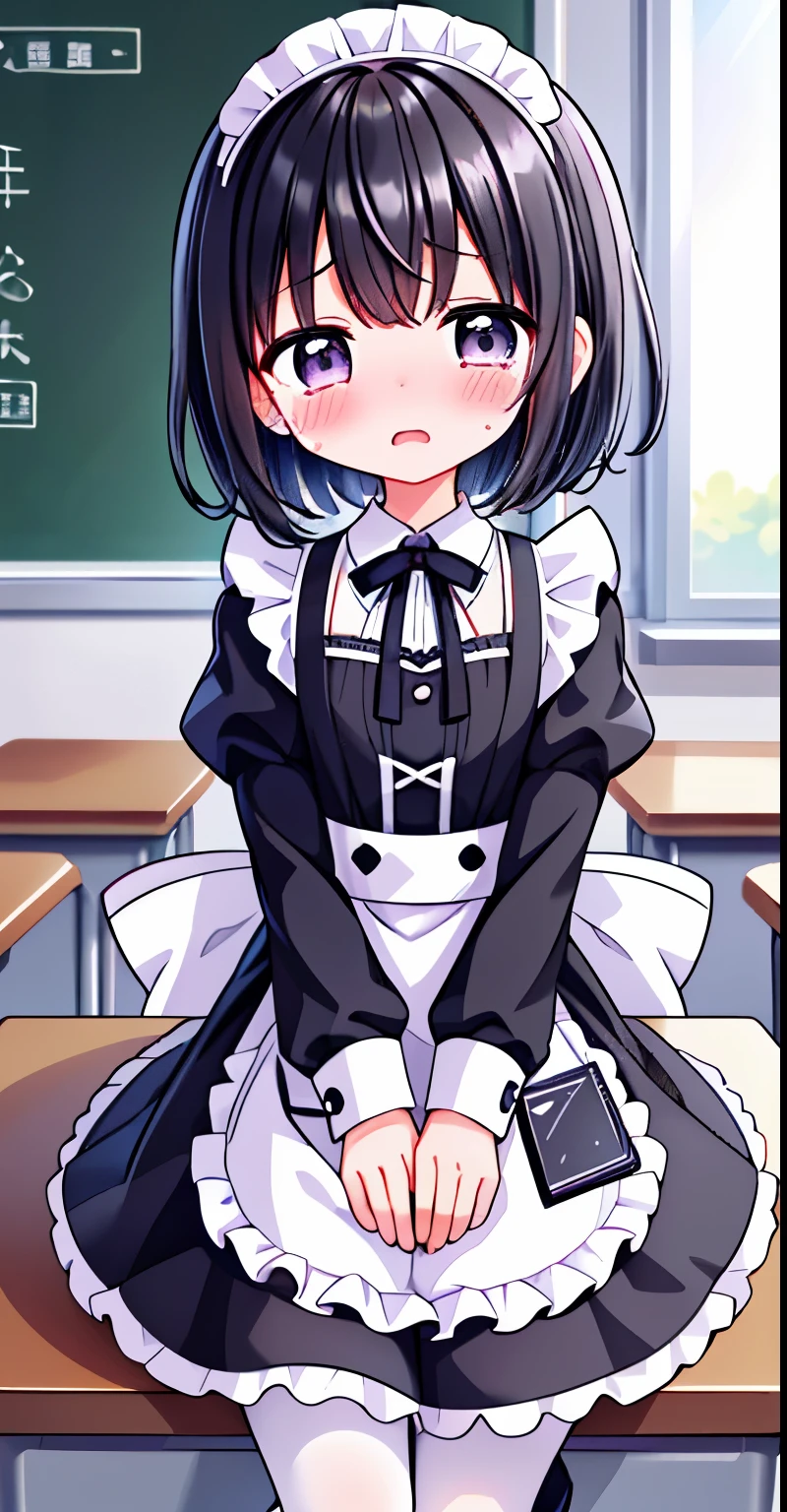 maid outfit，Black lace-up boots，white pantyhose，blush害羞，classroom scene，girl，short black hair，((absurd)), ((on the table)), (best quality), (lens flare), (Super detailed), (beautiful), ((cute girl)), alone, beautiful face, White skin, on the table, (10 years old: 1.3), , 、A girl goes to the toilet、 permanent, is crying, Close her eyes, tears flow from eyes, Embarrassment comes from, blush), (The girl is peeing: 1.2),, look away, sitting, Awkward, blush, The mouth opens slightly, classroom (Girl leaking urine): 0.4)