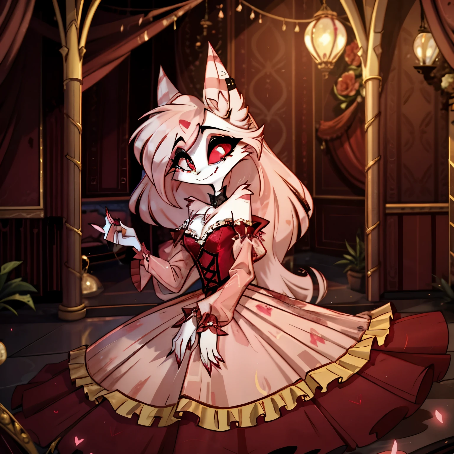 In the solitary realm of Hazbin Hotel, a feminine draconequus demon inspired by Fluttershy captivates with her enchanting presence. Combining feline and equine features, she wears a romantic era gown adorned with delicate lace and flowing sleeves. Against the opulent backdrop of ballrooms and gardens, her graceful movements cast a spell of timeless elegance, making her the sole captivating presence in the vibrant world of Hazbin Hotel.