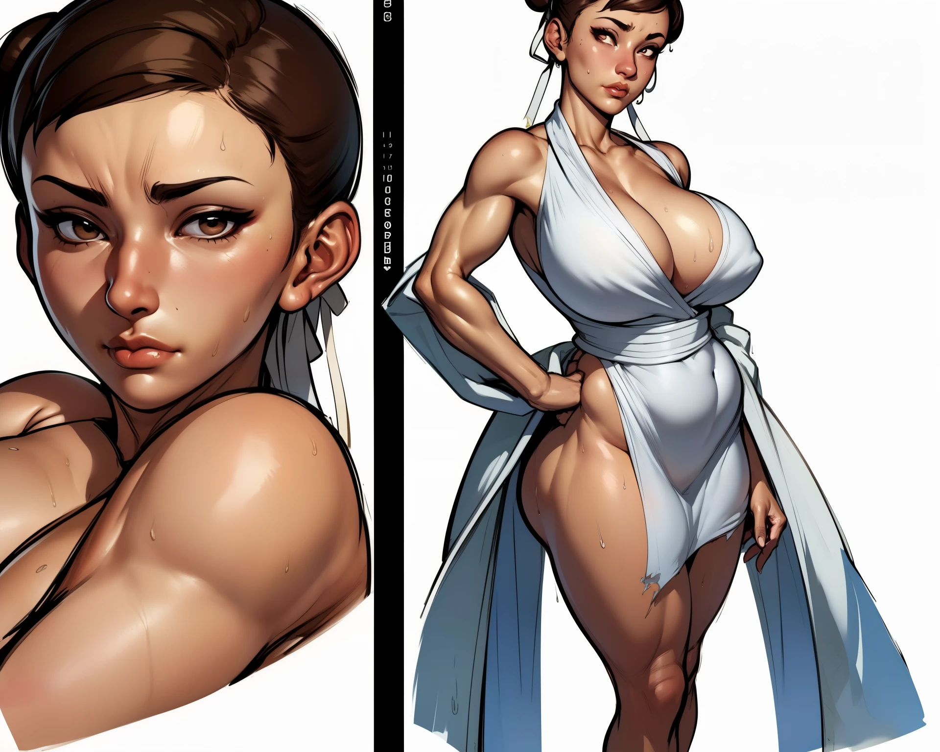 ((best quality)), ((master part)), (circunstanciado), rosto perfeito ((Chun li)), ((big ass)), Gigantic Breasts, Thick Thighs, Super Wide Hips, Huge Ass, Perfect Body ((character design sheet)), ((full body view)) illustration,1girl, ((detailed face:1.4)) beautiful woman, ((Chun li)), short brown hair, brown hair, brown eyes, double bun, hair ribbon, perspired, Sweaty body,Naturally glowing skin、 (loose:1.3)bath robe、Exposed shoulders、naked bathrobe、Worn bathrobe、disheveled bathrobe、Fully open bathrobe、body soaking wet、(Torn bathrobe)、Grab a bathrobe, rough sketches, pose, 8k,16k, (background, white background: 1.3))
