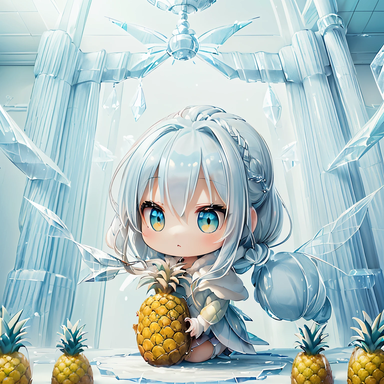 (chibi, pineapple, 3dcg, 1 girl: 1.5), (red cheeks, indifference, Expressionless, hair blowing in the wind, almond shaped eyes, shiny white-blue hair,chignon hair, Carefully drawn fingertips: 1.2), (masterpiece, highest quality, Beautiful anatomy: 1.3), (chibi Body,  hood coat with fur,crystal ,ice craft accessories,full body, fairy queen with beautiful wings,upward gaze: 1.3), (A frozen winter wonderland of sparkling mansions, on-site parks, and icicles,Participate in the quest, Frozen  pineapple,move freely through the air,guidance of light,high ceiling church,: 1.4)