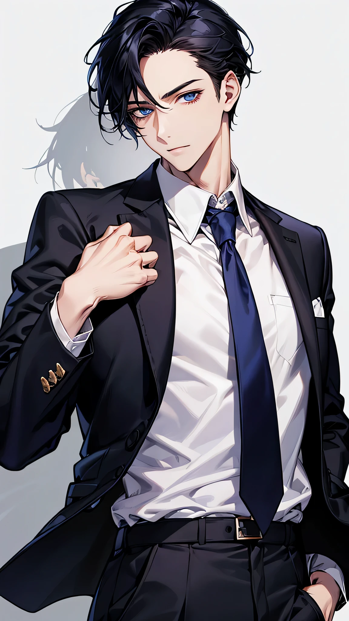 male, face focus, [[[adult]]], suit, Jacket, white shirt, tie, pants, frontage, highest quality, adopt, detailed face, simple background、white background、[[[black hair]]]、[[[blue eyes]]]、confident look、Upper body