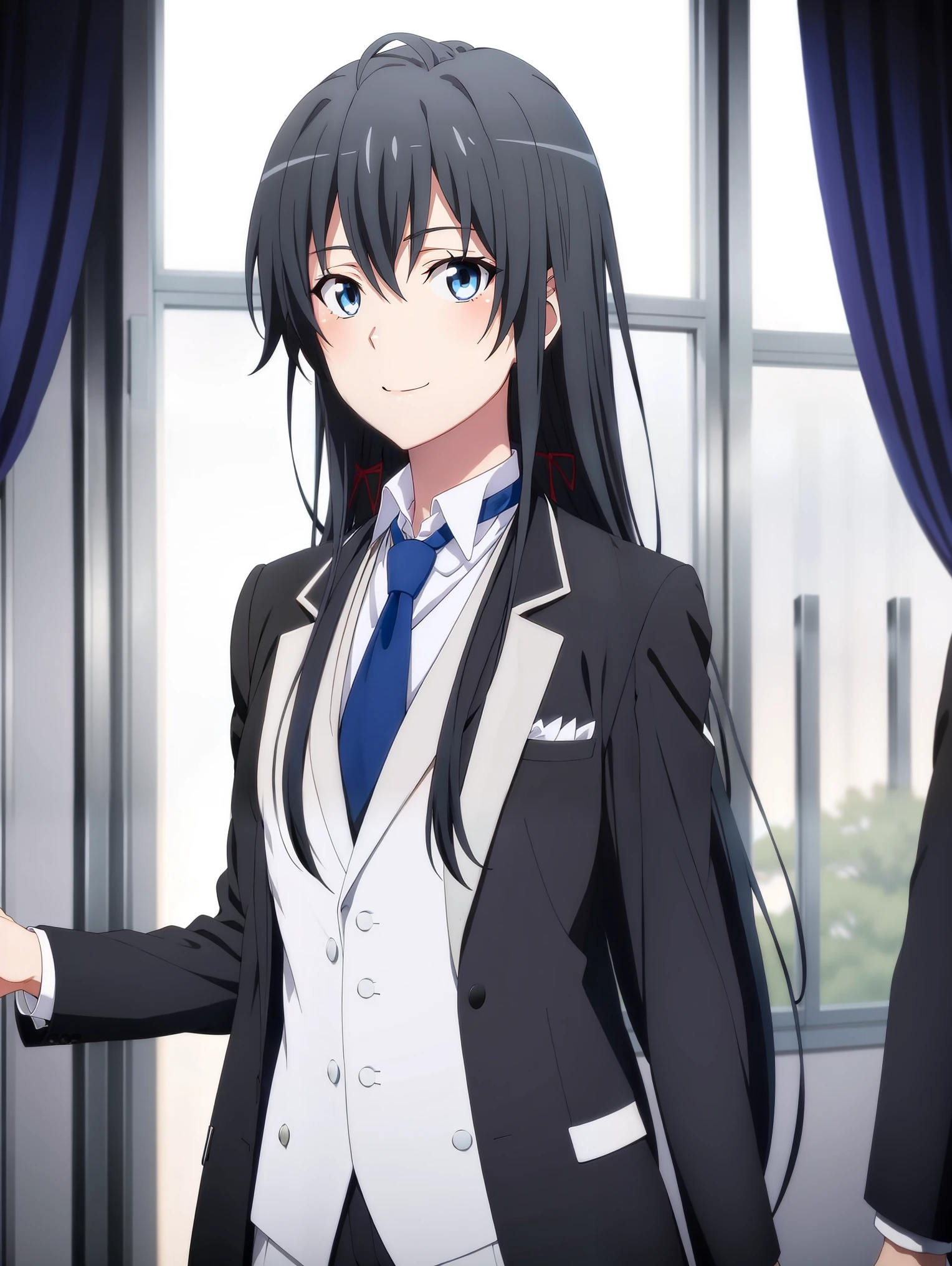 Yukinoshita Yukino ,A woman wearing a formal, attractive coat stands in a large gap in the room , 1girl, Single, blue necktie, Black hair, Blue eyes, long hair, He smiles , Collared shirt, White pants, White shirt , Elegantly designed coat , Stand in front of the window ,Perfectly tailored tailcoat. It has a stunning Victorian design and is made of lustrous fabric