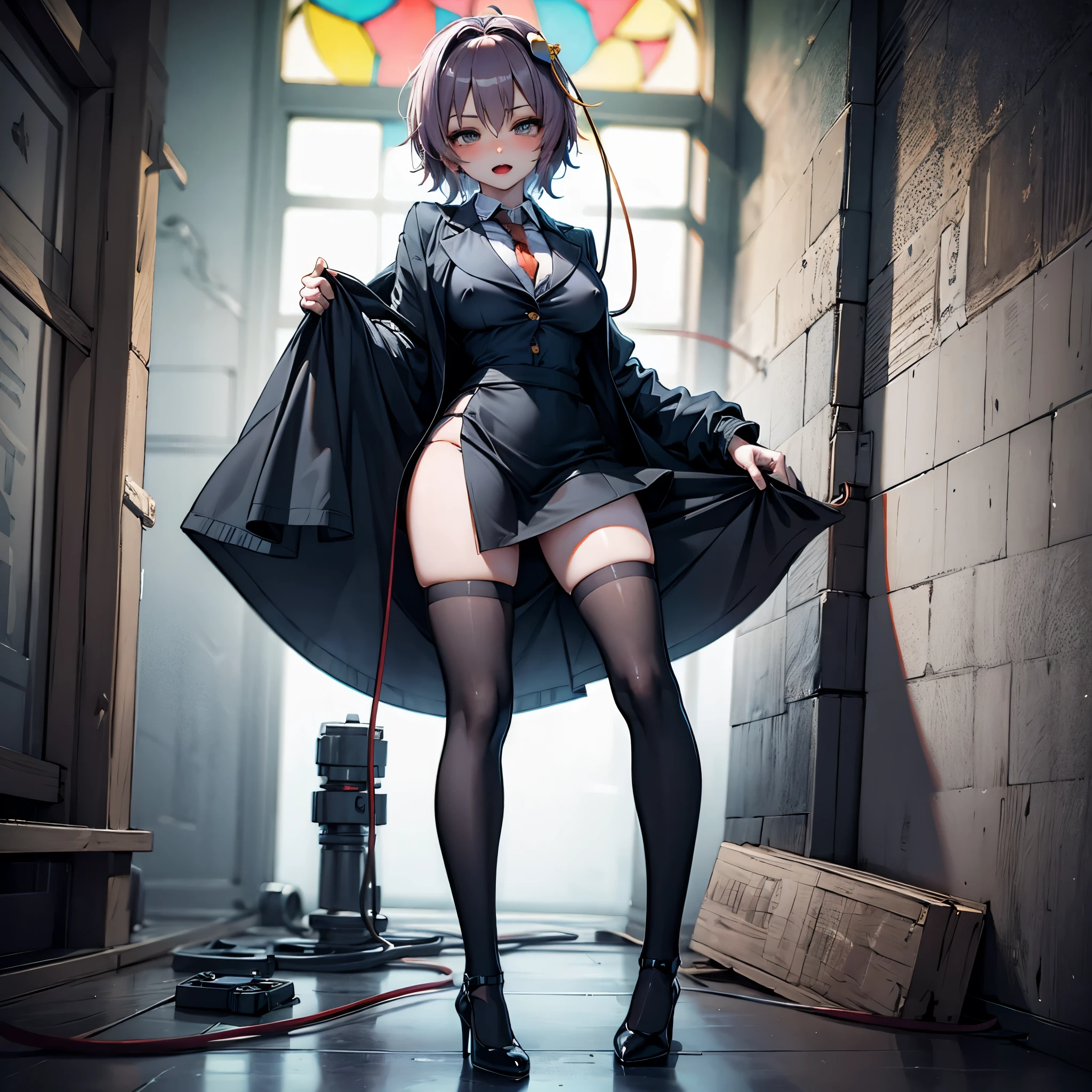 (Satori toho character:1.1), (solo), (standing), (stained glass), BREAK, short hair, large perky breasts, (inconceivably short torso), (inconceivably thin waist:1.2), (very long legs), BREAK, (black blazer:1.3), (black thighhighs:1.35), (very short black high-waist skirt:1.35) cinches waist too tight, (highheels), BREAK, nose blush, sad smile, open mouth, BREAK, masterpiece, ultra-detailed, ultra high resolution, full body