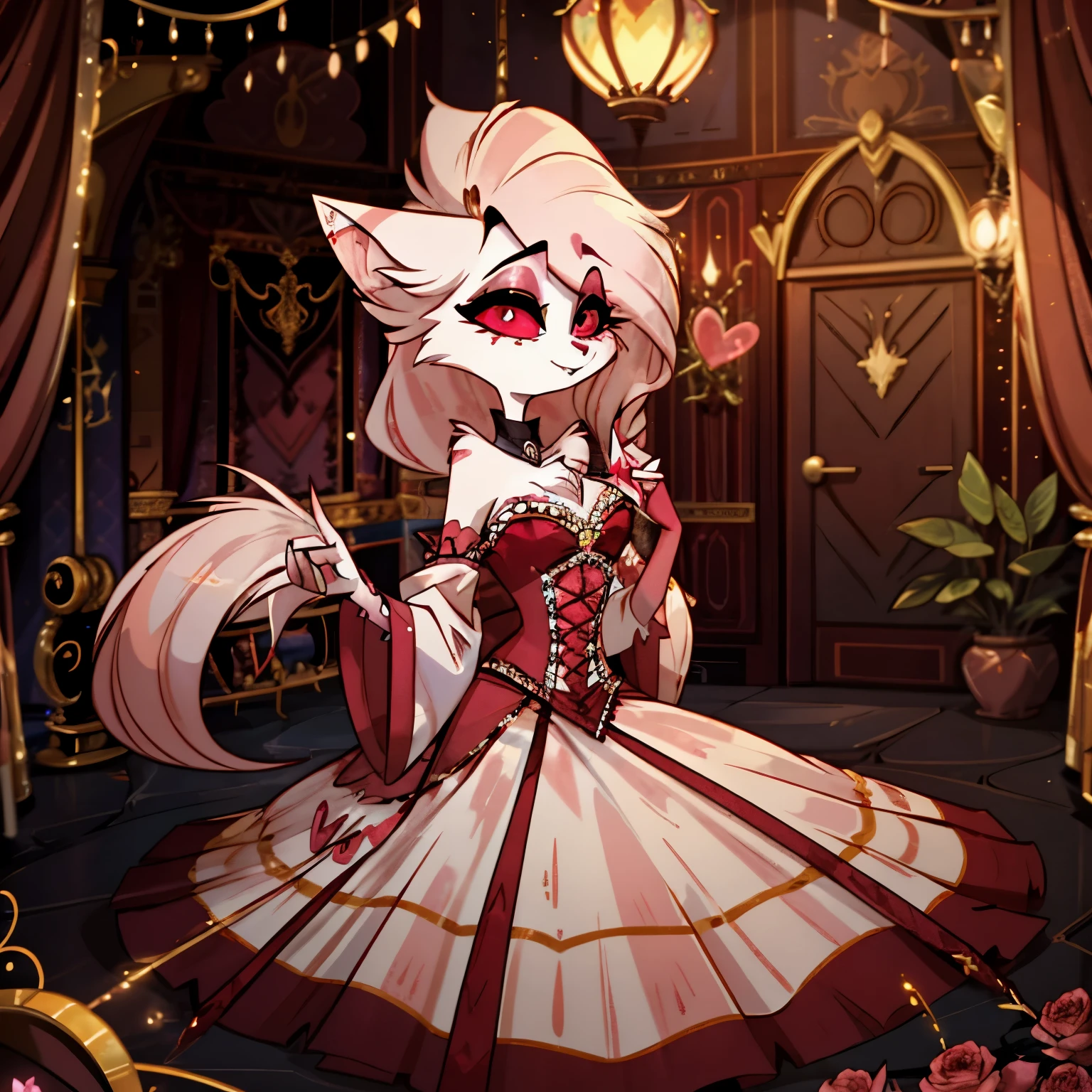 In the solitary realm of Hazbin Hotel, a feminine draconequus demon inspired by Fluttershy captivates with her enchanting presence. Combining feline and equine features, she wears a romantic era gown adorned with delicate lace and flowing sleeves. Against the opulent backdrop of ballrooms and gardens, her graceful movements cast a spell of timeless elegance, making her the sole captivating presence in the vibrant world of Hazbin Hotel.