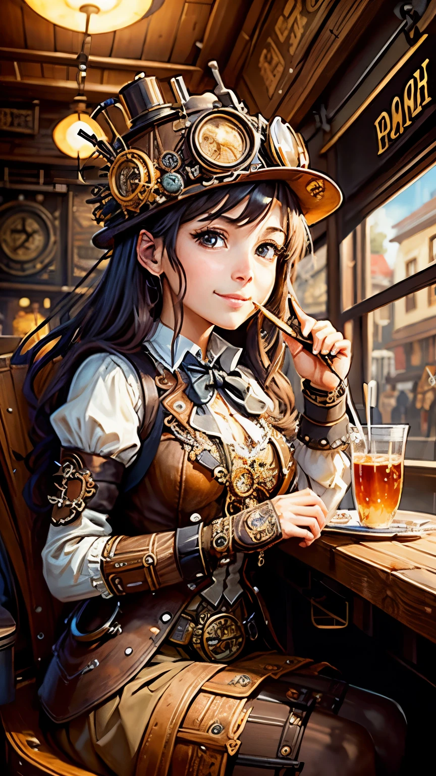 steampunkai。highest quality。masterpiece。detailed details。one girl。High school girl in steampunk style。eat a sandwich at a food stall。Eat deliciously。smile。The background is the deepest part of a steampunk-style wooden labyrinth.。