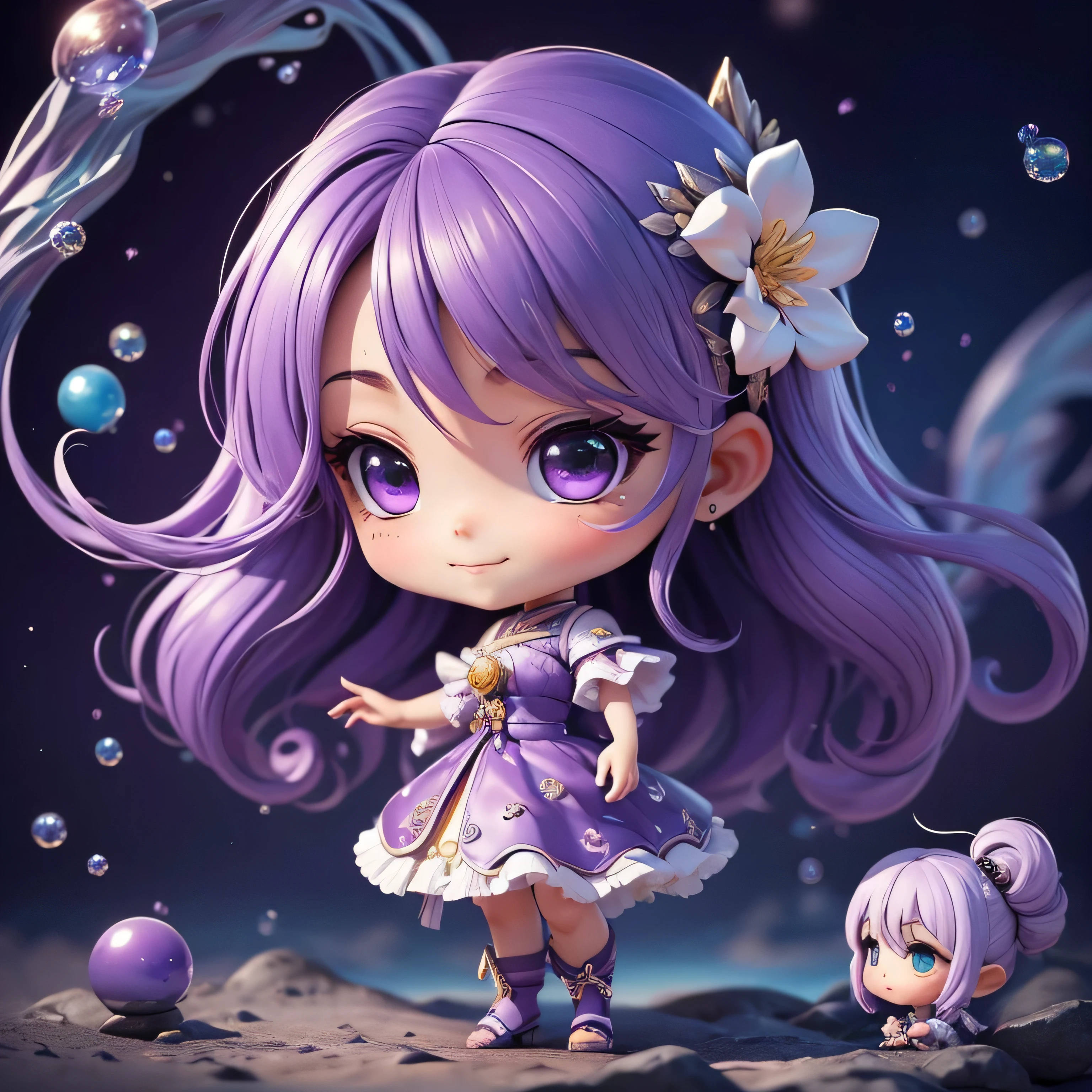 cute赤ちゃん少しアニメ、deep purple shiny dress、Open your mouth and be surprised、slutty makeup、detailed face、(((chibi 3d))) (highest quality), (debris flies)、((highest quality)), ((masterpiece)), ( extreme details, best details, official art, beautiful and aesthetic:1.2), depth, 構図 whole body, cute, (beautiful and detailed eyes:1), smile, Angel, (whole body:1.5), photograph, movie lighting, golden ratio、deep purple shiny soap bubbles、見上げるsmileの接写、facing forward、(masterpiece、genuine、High resolution)、(1 girl):1.2)、korean girl、(highest quality), (debris flies), (1 girl), alone, dream-like、Highly detailed airbrush art(((Surgenuine))、intricate details、volume lighting、(masterpiece:1.2)、(highest quality)、The Super detailed、(moving composition:1.4)、Highly detailed colorful details with proper lighting、Atmosphere purple light production、Dynamic dark green composition、ray tracing、The mirror reflects light、depth of field is shallow、Super detailed、mixing  exposure、ticker、超masterpiece、her eyes shine deep purple、dark purple hair、Her face is wet、A smile comes to her lips、An air full of smiles and adventurous spirit、dark purple back、deep purple landscape、The light produces deep purple vibrations、Beautiful deep purple scenery created by swaying deep purple waves...。Her courage and determination are condensed.、Eye-catching presence。her eyes shine deep purple。