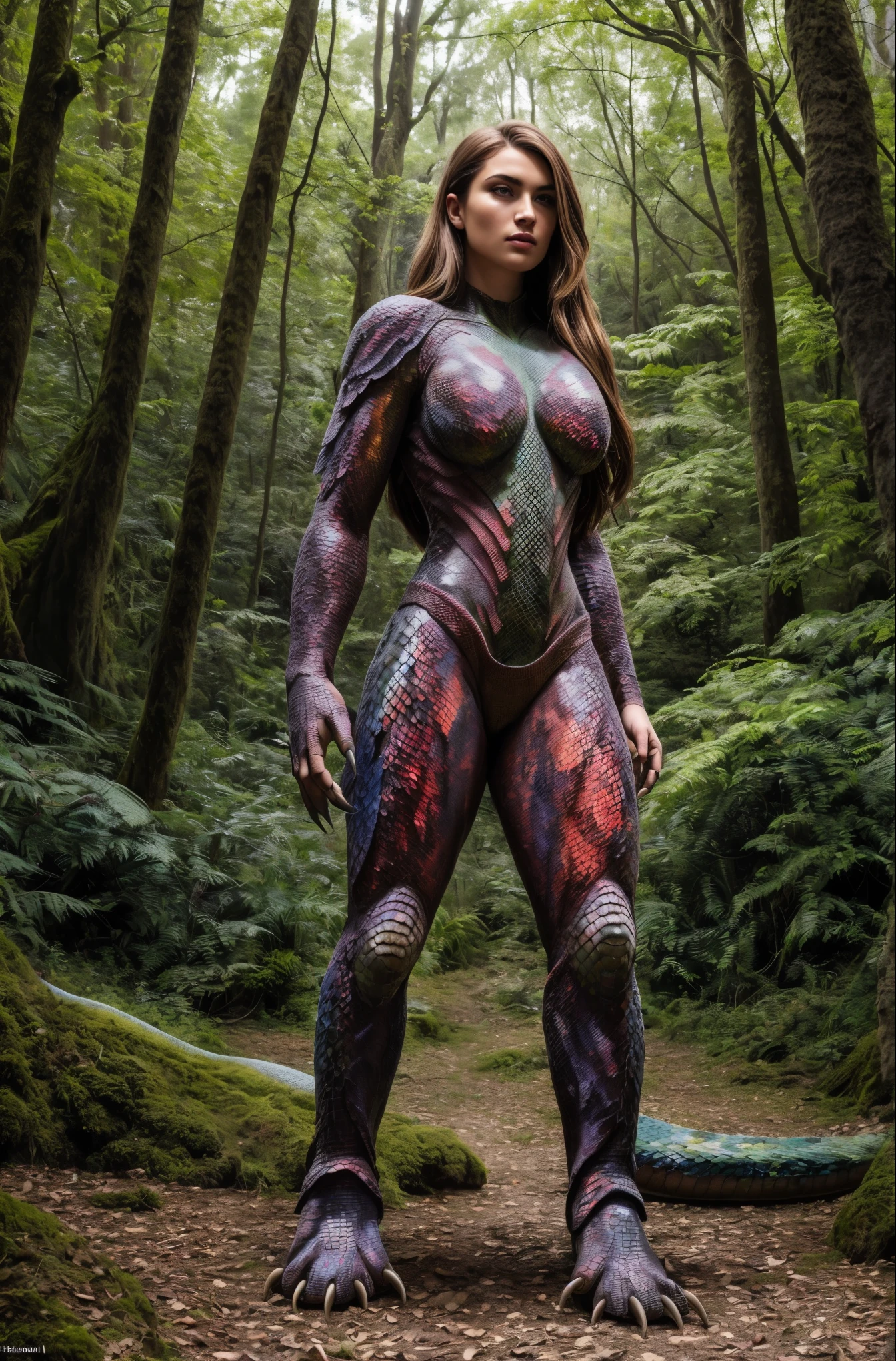 RAW photo, a full body photo of anthro dragon  woman, standing in the forest, ((detailed scales , realistic scales, claws:1.3)), 64k uhd, high quality, Fujifilm XT3 (((human face, brunette hair))), tail, 