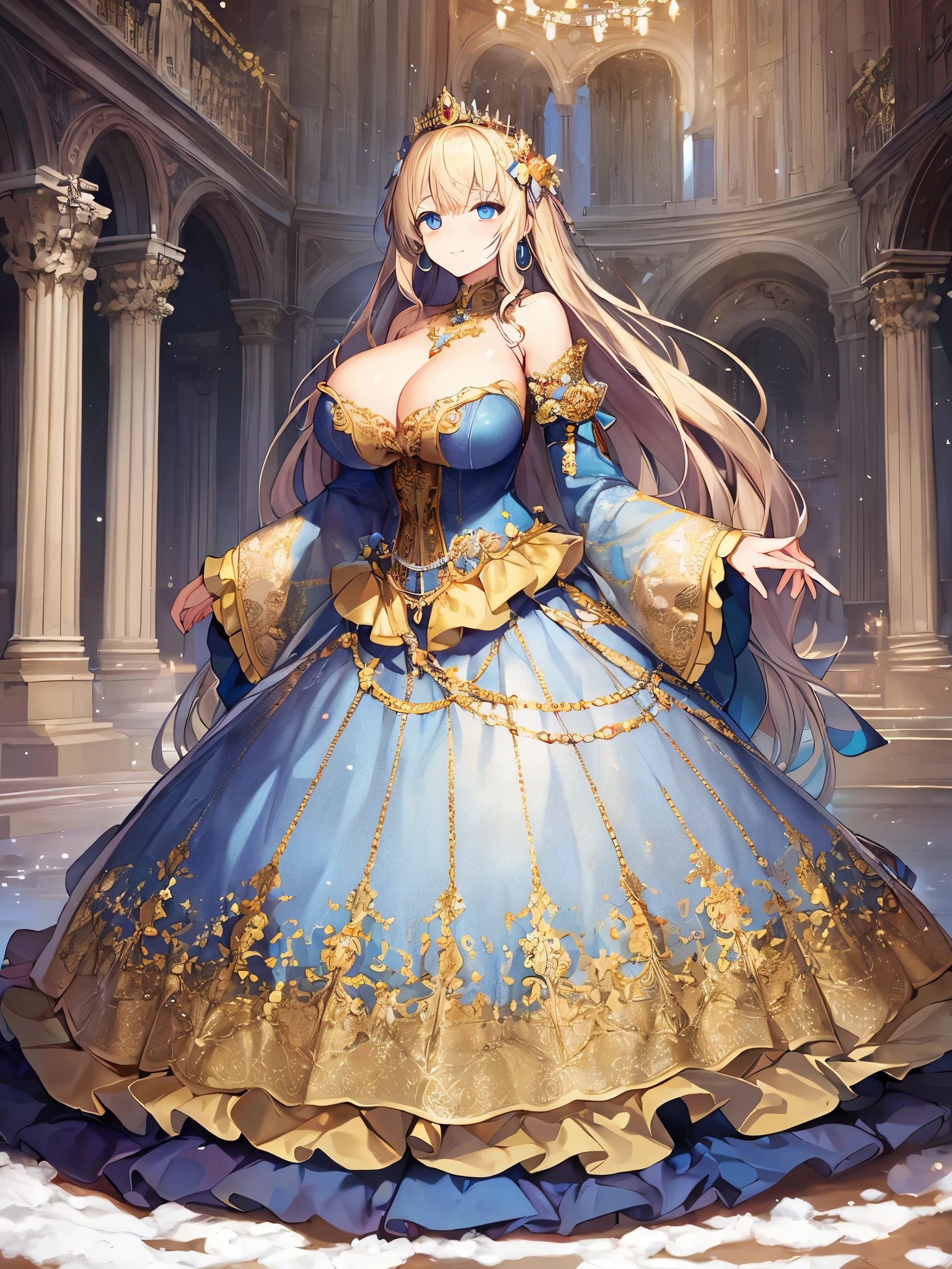 anime artstyle,Masterpiece,Best Quality,Super Detail,((Very Delicate and Beautiful)),(((1 plump princess in beautiful embroidery and jeweled gorgeous full-length rococo ballgown with voluminous hoop skirt))),full-length crinoline skirt,((Solo)),((winter garden with snow,sonw,sky)),((outdoor)),((full body)),(((gigantic breasts,gigantic breasts,cleavage))),sagging breasts,skindentation,(detailed face and eyes),jewel-like eyes,((extremely voluminous straight Hair,Extremely Long Straight Hair)),((gorgeousfull embroidery and lace,beautiful embroidery and jeweled)),Gorgeous Gemstone Jewelry,gorgeous corsage,((gorgeous hair ornament,glitter jeweled gorgeous big tiara)),((full body)),((beautiful embroidery and jeweled gorgeous full-length rococo ballgown with voluminous hoop skirt)),crinoline skirt,(crinoline),((winter garden with snow,sonw,snowflake,outdoor,sky)),Looking at viewer,dynamic angle,(((beautiful embroidery and jeweled gorgeous full-length rococo ballgown with voluminous hoop skirt))),crinoline skirt,full body,