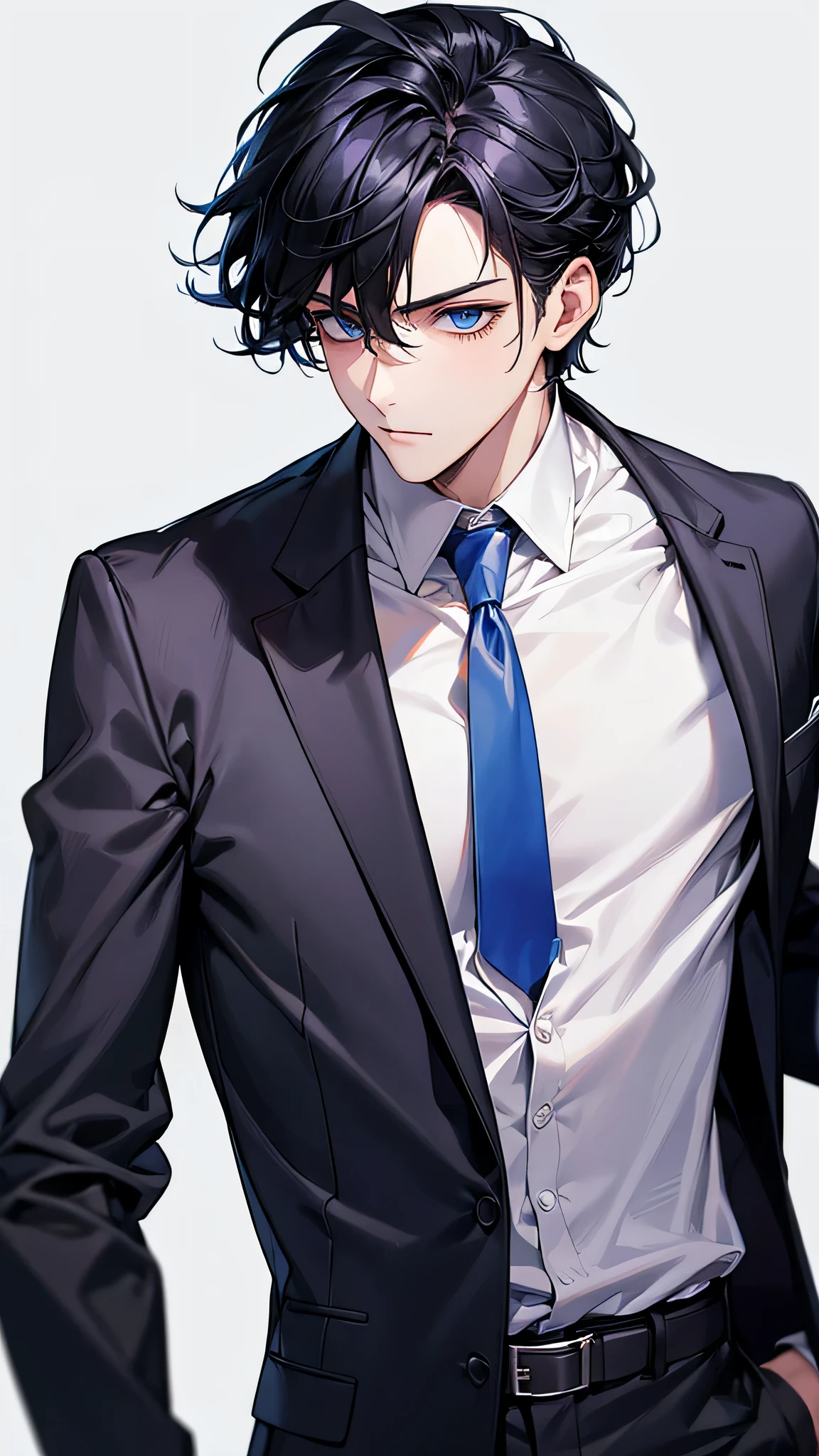 male, face focus, [[[adult]]], suit, Jacket, white shirt, tie, pants, frontage, highest quality, adopt, detailed face, simple background、white background、[[[black hair]]]、[[[blue eyes]]]、confident look、Upper body