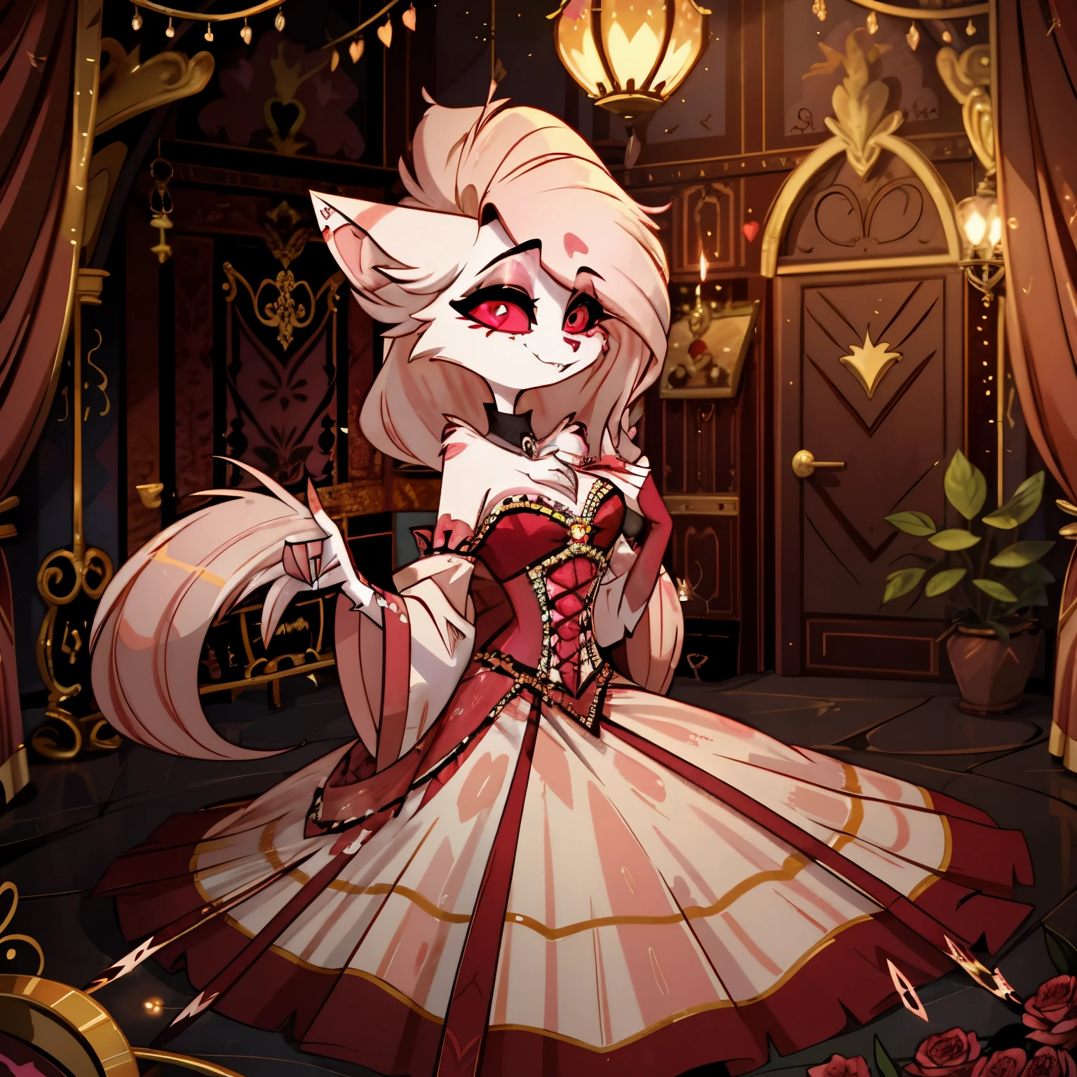 In the solitary realm of Hazbin Hotel, a feminine draconequus demon inspired by Fluttershy captivates with her enchanting presence. Combining feline and equine features, she wears a romantic era gown adorned with delicate lace and flowing sleeves. Against the opulent backdrop of ballrooms and gardens, her graceful movements cast a spell of timeless elegance, making her the sole captivating presence in the vibrant world of Hazbin Hotel.