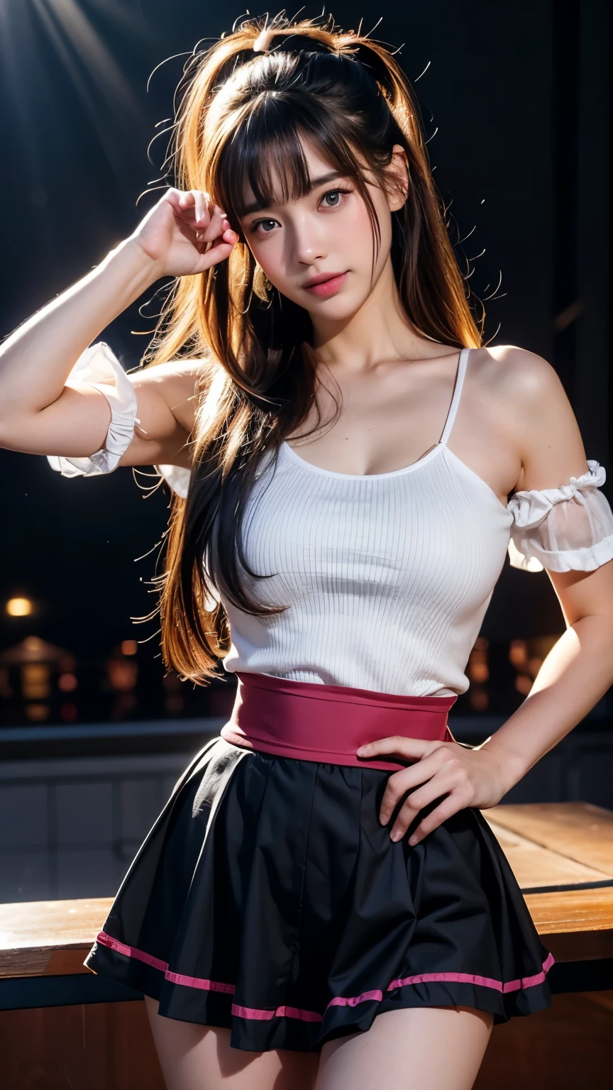 (RAW photo, highest quality), (realistic, Photoreal:1.3),highest quality,very detailed,table top,Super detailed,shape,1 girl,upper_body,dynamic angle,world masterpiece theater,Messy_length_hair,highest quality,very detailed CG Unity 8K 壁紙,pitch black,wonderful,cinematic lighting,lens_flare,very detailed、((Euphoric look))、((:1.2))、((smile:1.15))、((sweating:1.4))、((translucent:1.55、肌に吸い付く襟付きでbodyのシルエットを美しく見せるセーラー服型ボディスーツ.:1.6))、Pink and red、ribbon、Sailor Hut、double ruffle garter、super cute girl、10th generation、Part of an idol group、(((at the concert「ザ☆ピ〜s!」dancing)))、(spread your legs wide), (Pull your hips back), (Arch the upper body), and place your left hand on your hip.、Right hand salutes with a peace sign、hairが動いている、spotlight of、professional lighting、cinematic light、Three-dimensional、viewer&#39;perspective、視聴者のperspective、