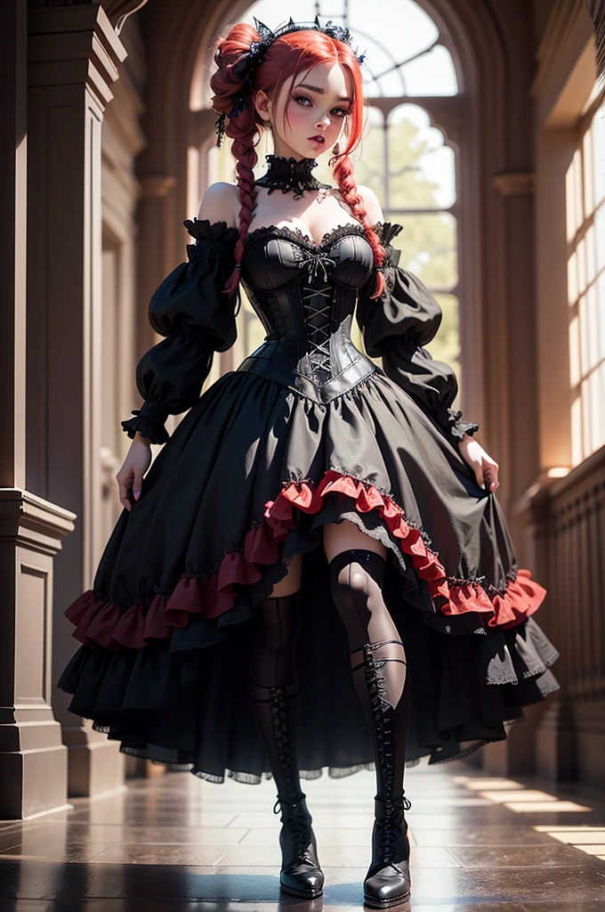 Image with acrylic paint, hyperrealism, Gothic style.

A girl in a Gothic tutu dress, a corset, hair with red strands, in thick braids, striped knitted stockings, high boots, Gothic makeup, full-length, medium plan, a view straight from the bottom up.