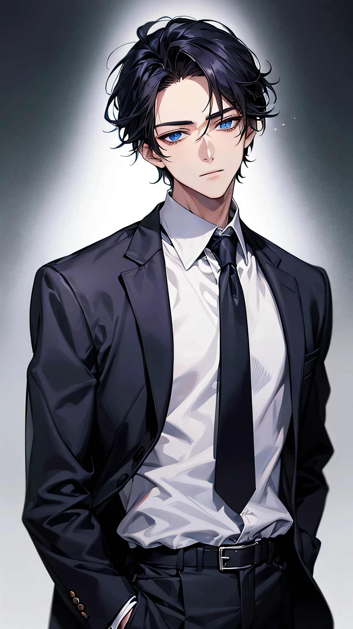 male, face focus, [[[adult]]], suit, Jacket, white shirt, tie, pants, frontage, highest quality, adopt, detailed face, simple background、white background、[[[black hair]]]、[[[blue eyes]]]、confident look、Upper body