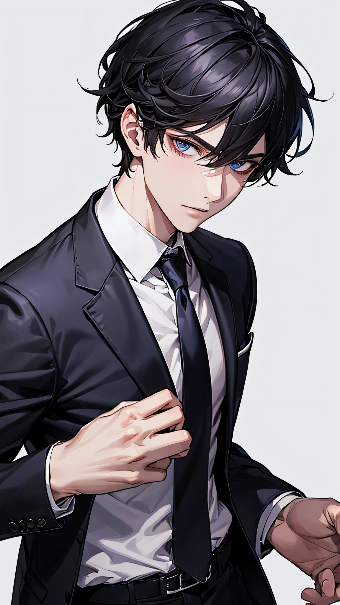 male, face focus, [[[adult]]], suit, Jacket, white shirt, tie, pants, frontage, highest quality, adopt, detailed face, simple background、white background、[[[black hair]]]、[[[blue eyes]]]、confident look、Upper body