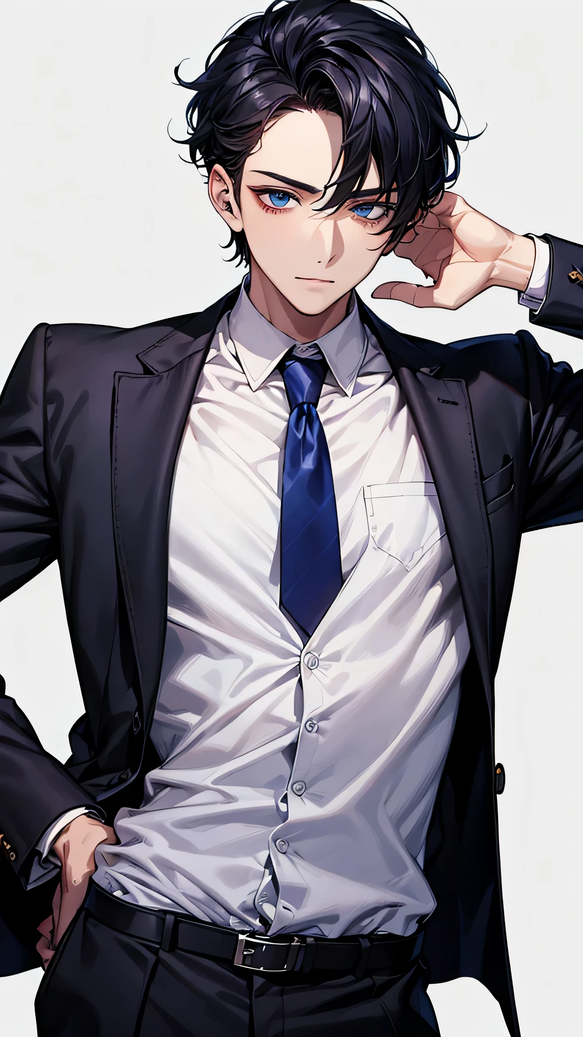 male, face focus, [[[adult]]], suit, Jacket, white shirt, tie, pants, frontage, highest quality, adopt, detailed face, simple background、white background、[[[black hair]]]、[[[blue eyes]]]、confident look、Upper body