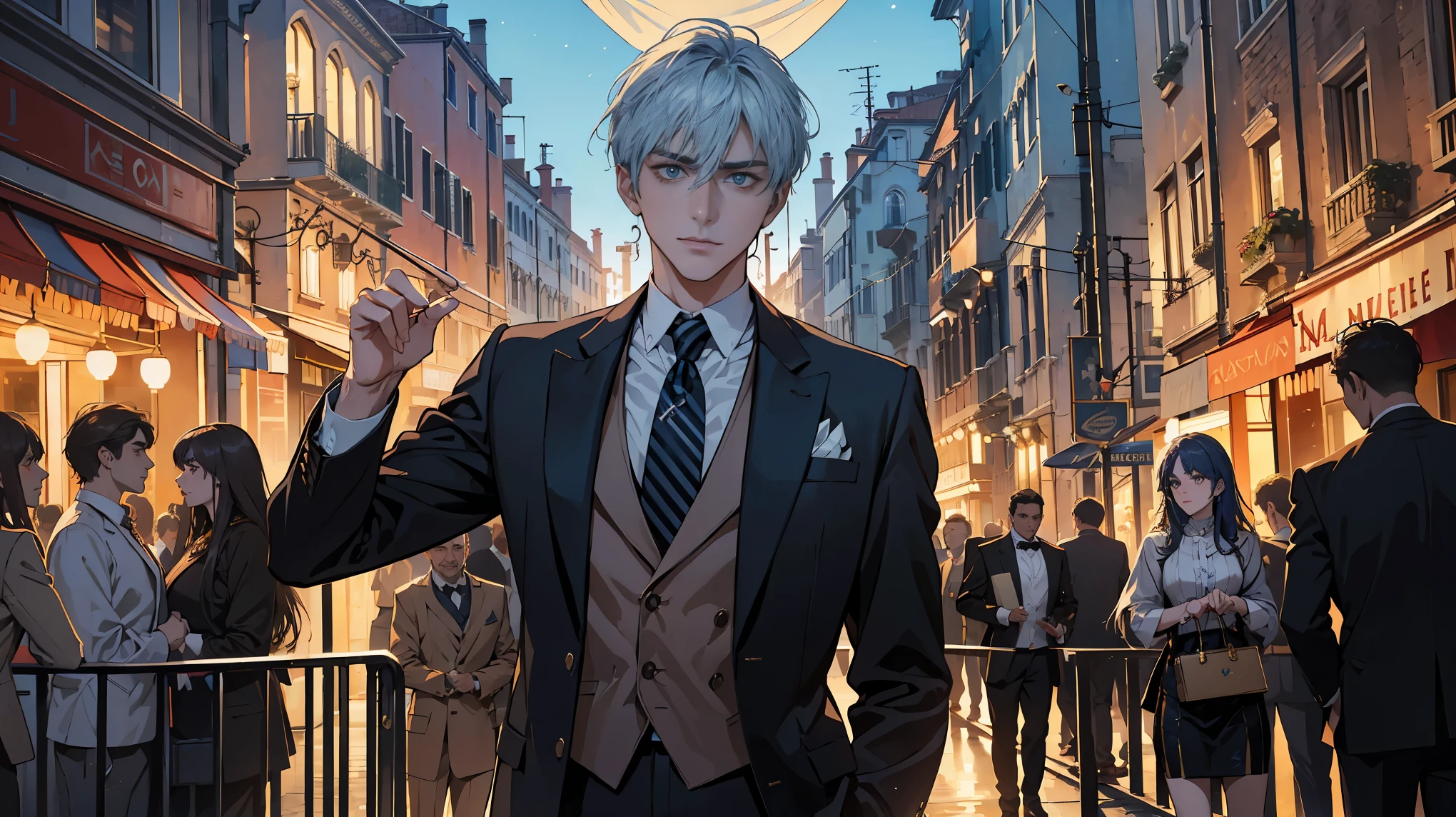 Reincarnation of Roman Emperor Constantine the Great, independent man, twenties, hardworking and capable, accomplished businessman, in suit, sincere, kind, mild-mannered but ruthless when necessary, lion's eyes, bright piercing sharp eyes, night view of Venice,detail,