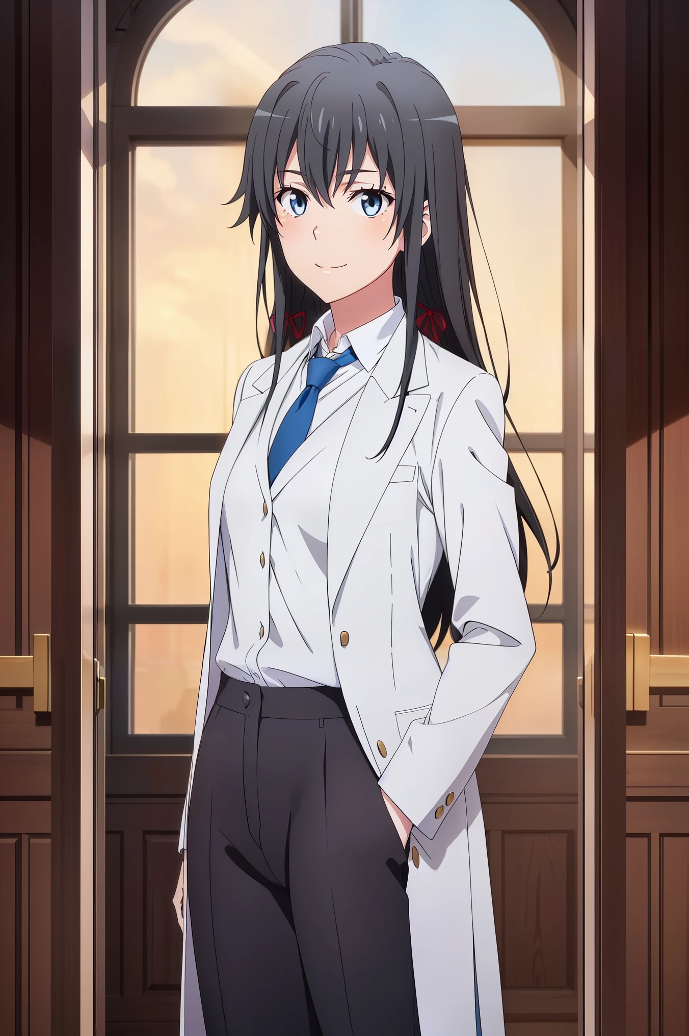 Yukinoshita Yukino ,Woman wearing formal clothes, An attractive coat stands in a large gap in the room , 1girl, bachelor, blue necktie, Black hair, Blue eyes, long hair, He smiles , Collared shirt, White pants, White shirt , Elegantly designed coat , Stand in front of a window ,Perfectly tailored tailcoat. It has a stunning Victorian design and is made of lustrous fabric
