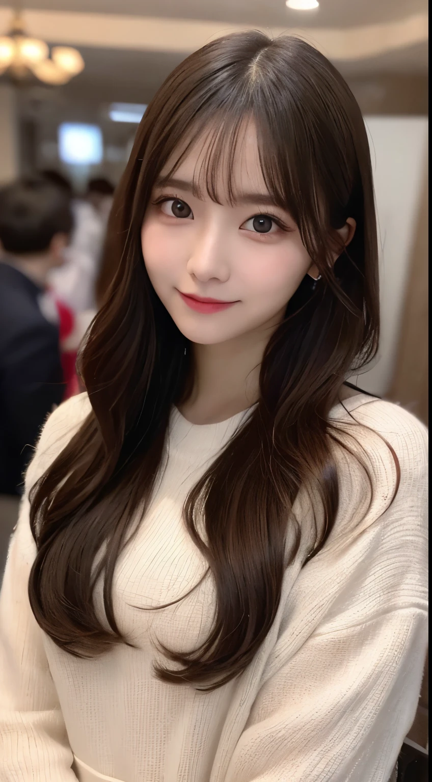 table top, highest quality, shape, Super detailed, finely, High resolution, 8k wallpaper, 完璧なダイナミックな構shape, beautiful and detailed eyes, classy and gorgeous winter dress,straight hair,,natural color lip,smile,20 year old girl、cute、Sexy looking at camera,Always blur the background,perfect and beautiful face,Take only the face,beautiful and detailed face、slim face and style、Big eyes、elegant face、beautiful and detailed face、KPOP idol face、japan idol face、Big eyes、Party venue on the top floor of a high-rise hotel、blur background、Take a full body photo