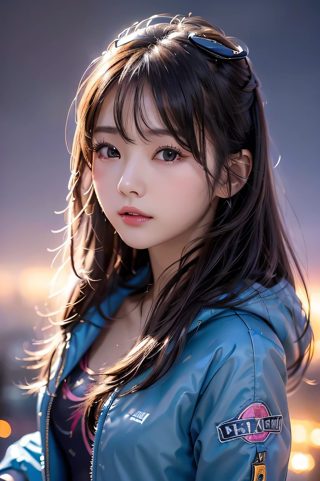 1 girl、((Upper shot close-up))、((flying above clouds))、 masterpiece, , 8K, Super detailed, 、because I&#39;thin、flat body、cute、 hair blowing in the wind、The city below shines with neon lights、((Down jacket for cold weather))、(((night))),cast a shadow、look up