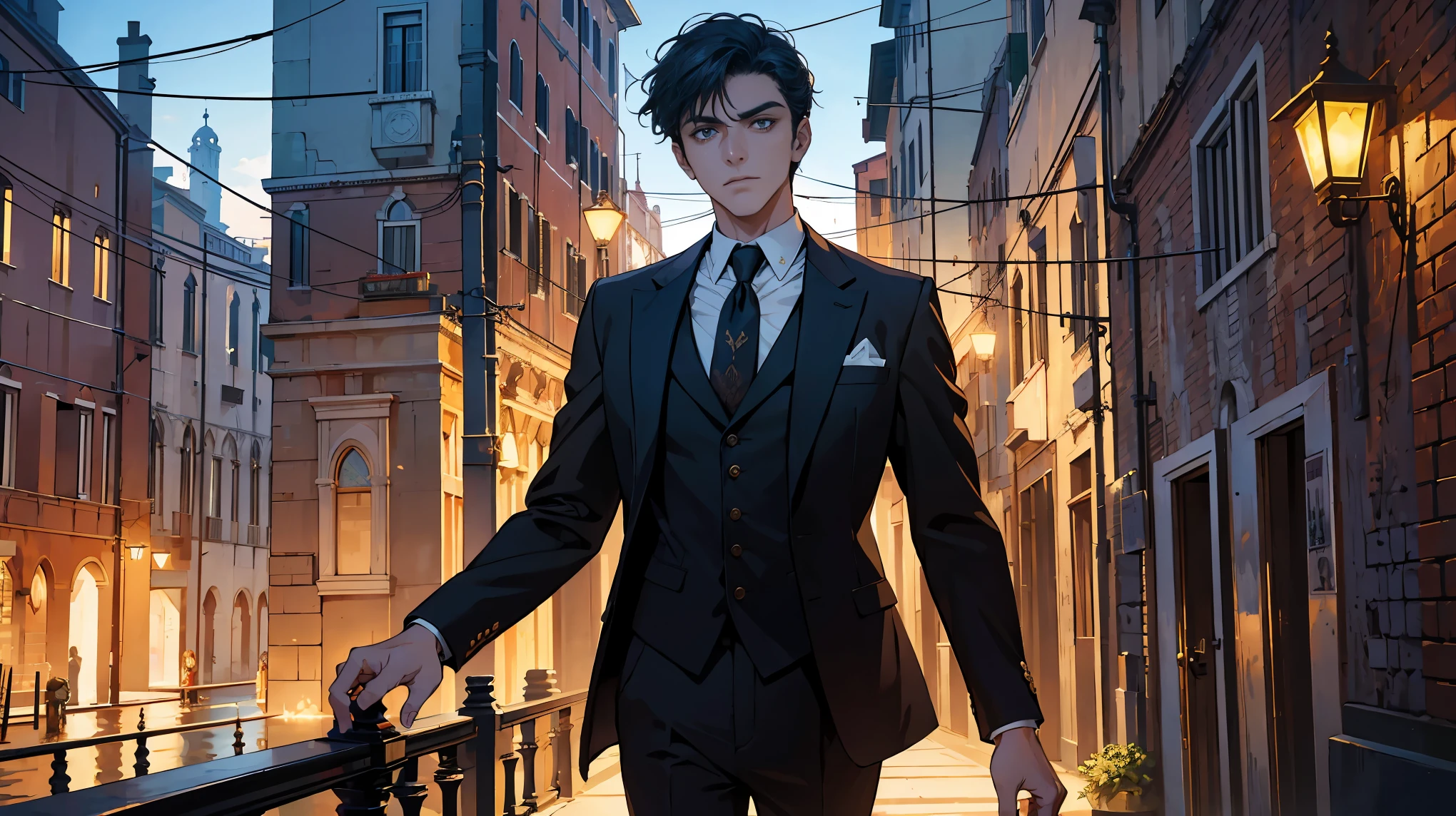 Reincarnation of Roman Emperor Constantine the Great, independent man, twenties, hardworking and capable, accomplished businessman, in suit, sincere, kind, mild-mannered but ruthless when necessary, lion's eyes, bright piercing sharp eyes, night view of Venice,detail,