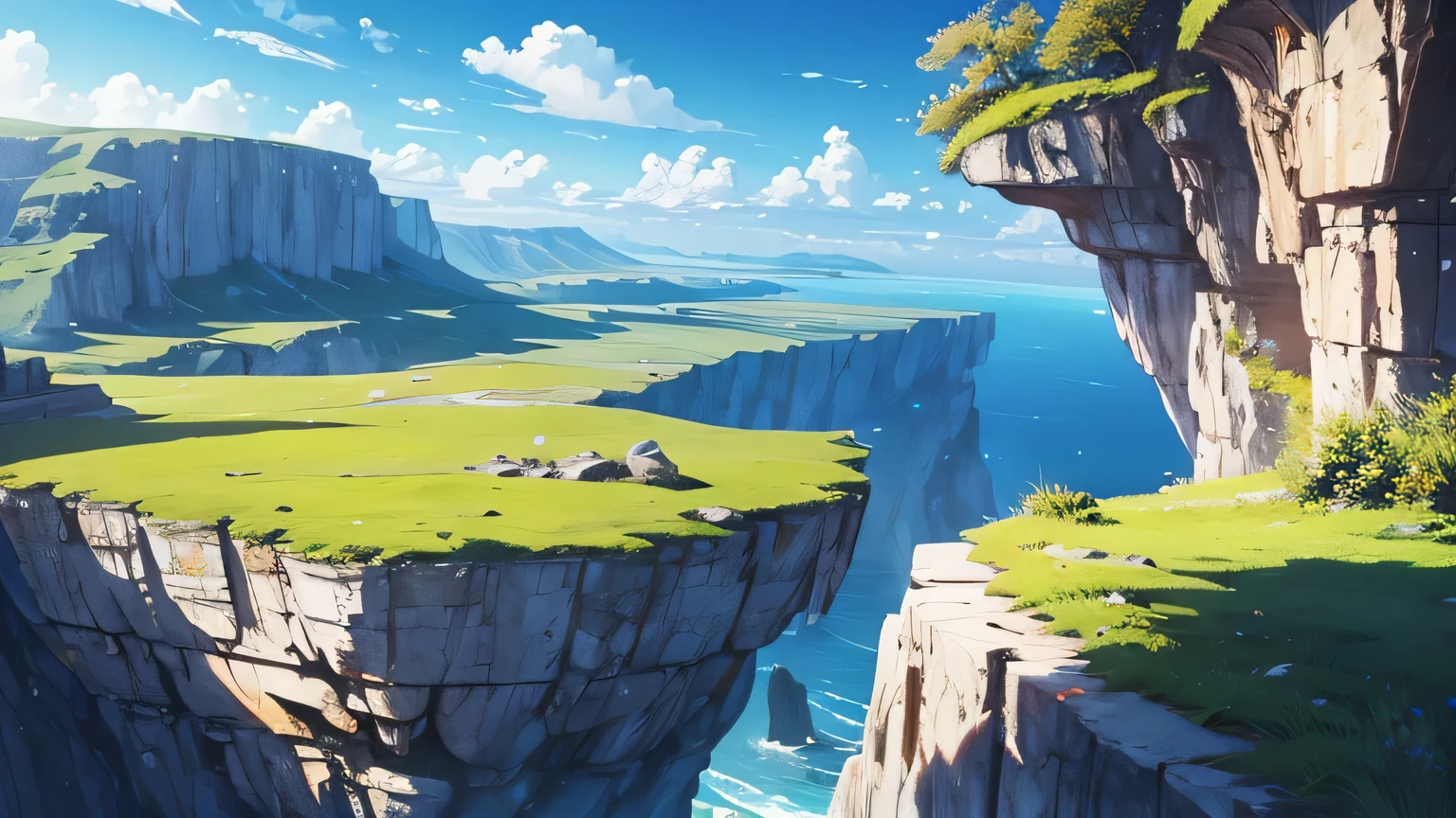 beautiful scenery, majestic plains, fantasy, beautifully drawn, perfectly drawn, Sunny, beautiful blue sky, view from the top of the cliff, There are no people