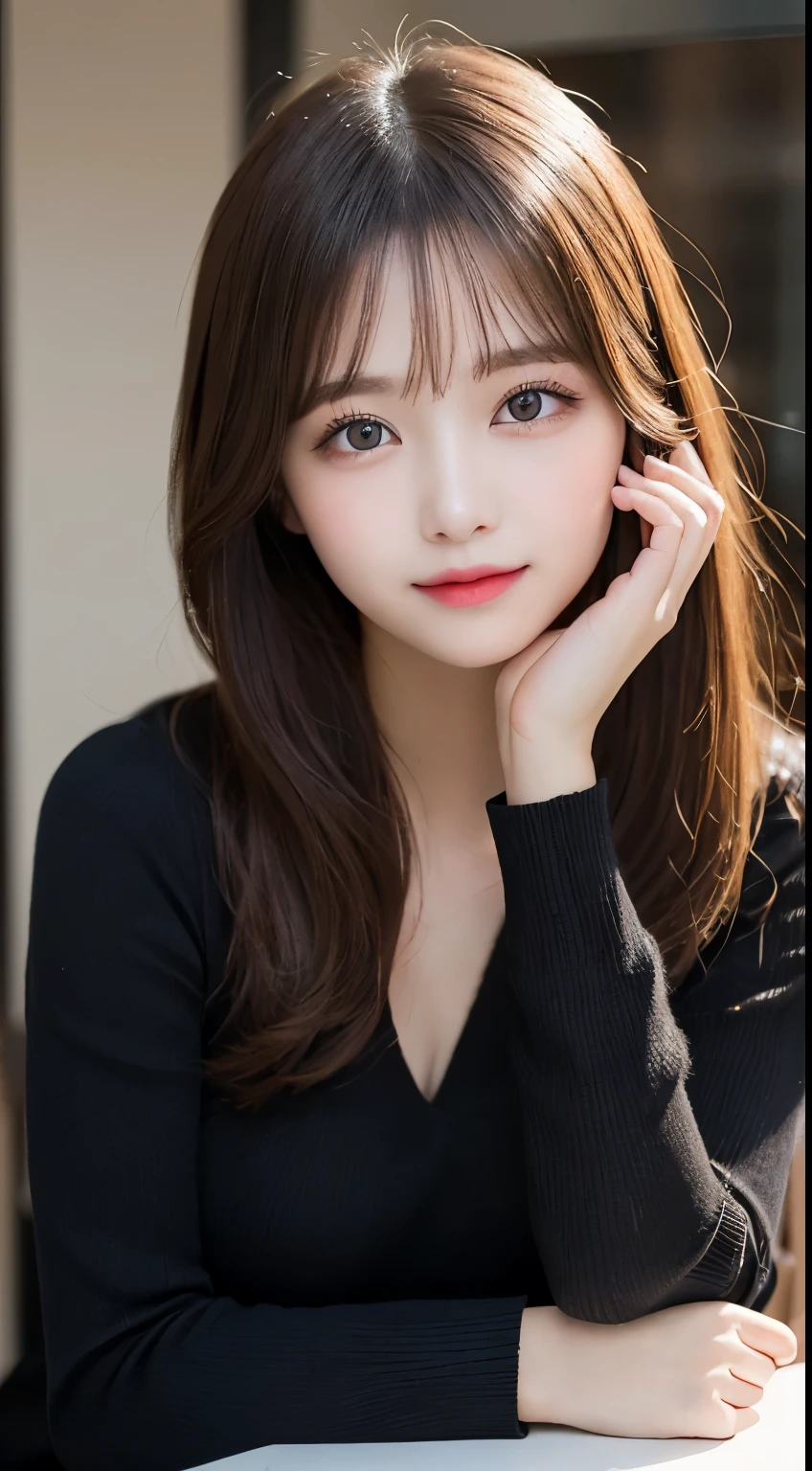 table top, highest quality, shape, Super detailed, finely, High resolution, 8k wallpaper, 完璧なダイナミックな構shape, beautiful and detailed eyes, long sleeve knit dress、black,ランダムなcute髪,small breasts,natural color lip, Feminine poses,smile、20 year old girl、cute、sexy shot looking at camera,Always blur the background,perfect and beautiful face,Take only the face,beautiful and detailed face、slim face and style,Big eyes、Do gal makeup,real photos、beautiful hair、straight hair