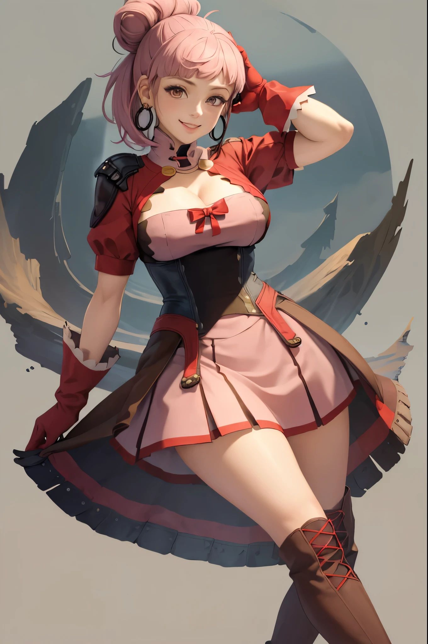 (masterpiece, best quality:1.2), solo, 1girl, hildahopes, smile, looking at viewer, hair bun, ponytail, dress, red gloves, boots, hoop earrings, cleavage