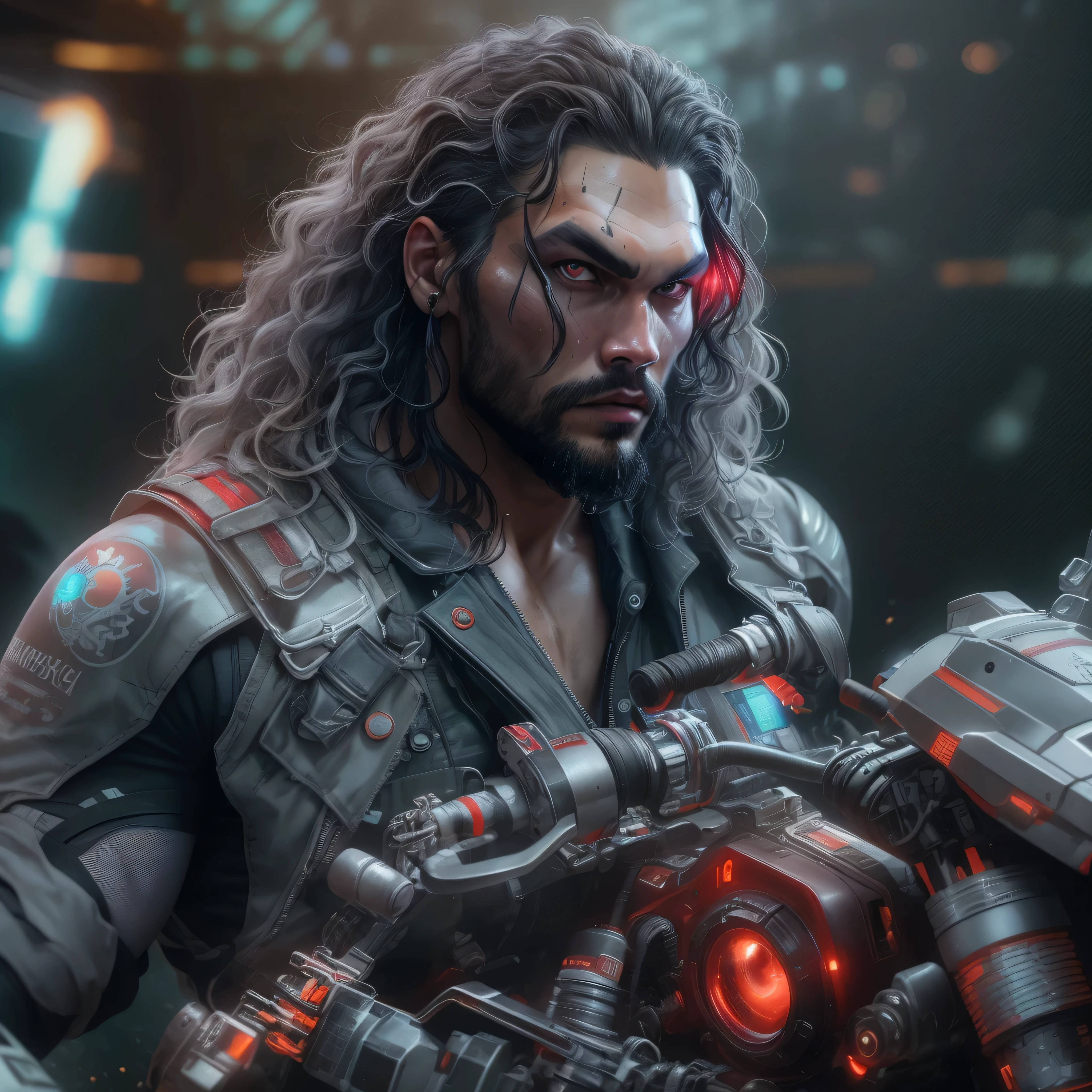 half body image, a photo of Jason Momoa as Lobo from DC comics, (((ghostly pale skin))), (((red eyes))), on space sci-fi cyberpunk motorcycle, Intricate, High Detail, Sharp focus, dramatic, photorealistic digital art, photo-realistic, octane render, unreal engine, ultra-realistic