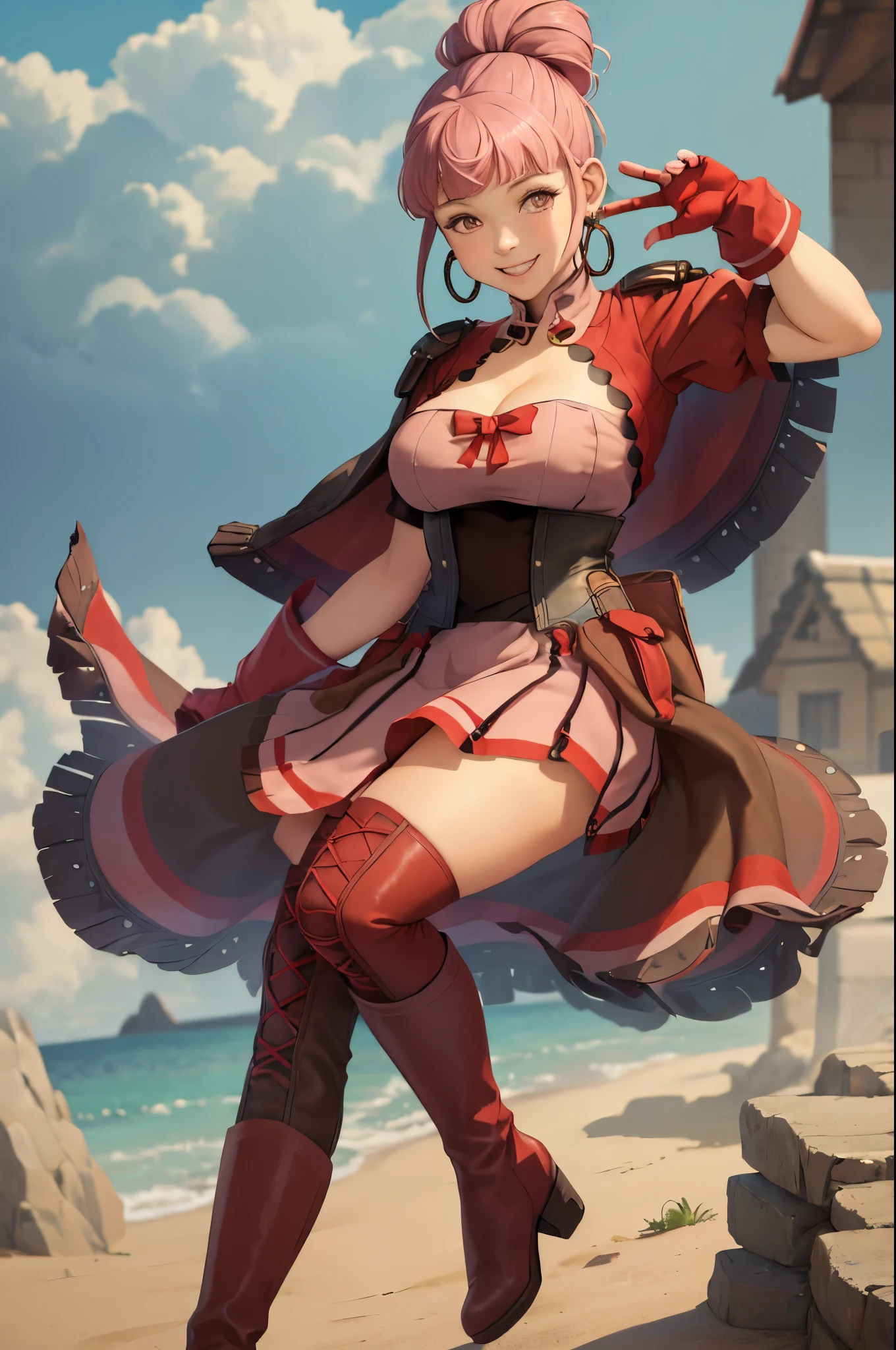 (masterpiece, best quality:1.2), solo, 1girl, hildahopes, smile, looking at viewer, hair bun, ponytail, dress, red gloves, boots, hoop earrings, cleavage