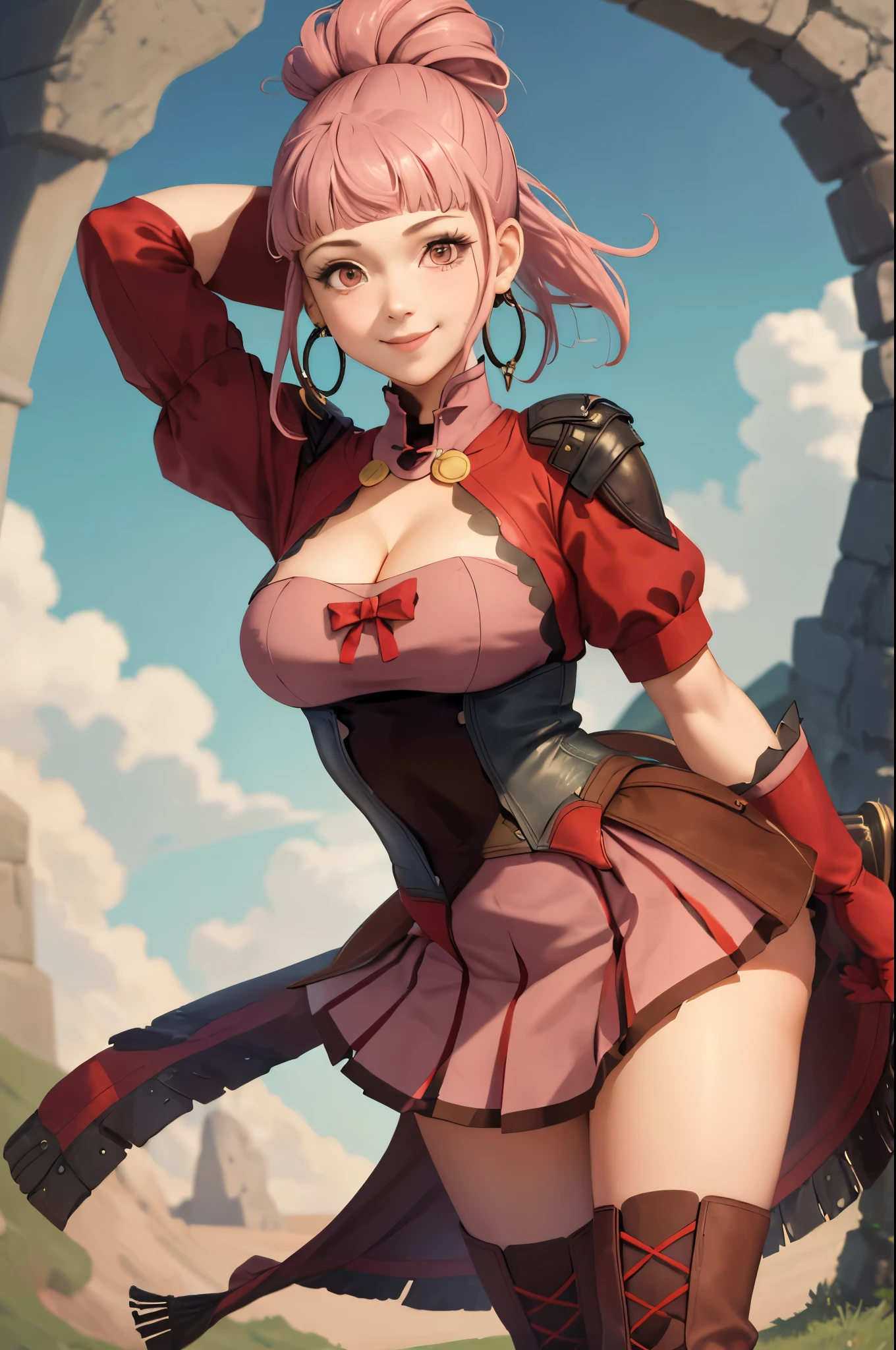 (masterpiece, best quality:1.2), solo, 1girl, hildahopes, smile, looking at viewer, hair bun, ponytail, dress, red gloves, boots, hoop earrings, cleavage