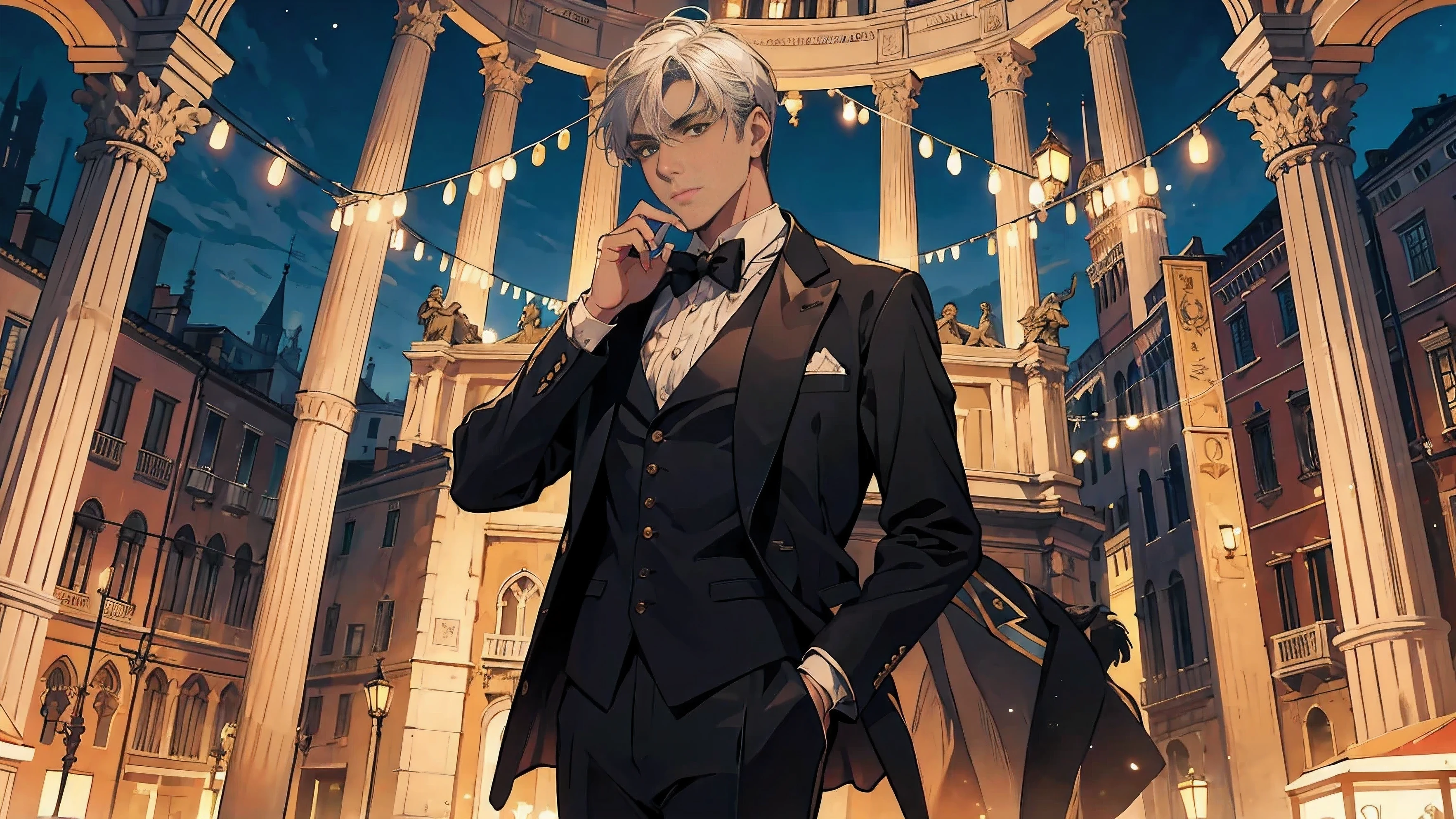 Reincarnation of Roman Emperor Constantine the Great, Independent man, 20th generation, hardworking and competent, skilled businessman, in a suit, honest, kind, Although mild-mannered、Ruthless if necessary, lion eyes, bright and sharp eyes, Night view of Venice,detailed,